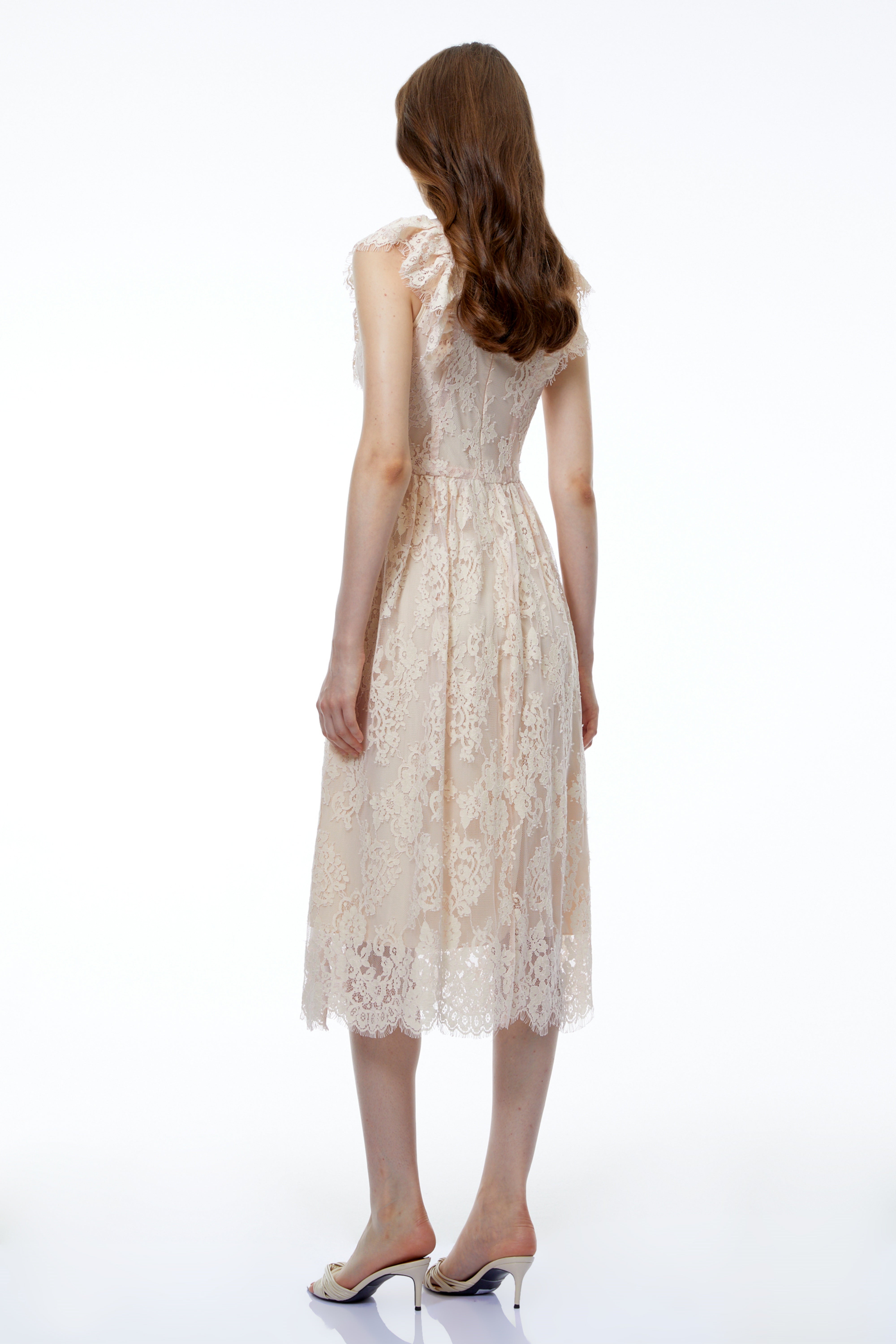 Isla Pink Sleeveless Ruched Midi Dress with Lace Trim
