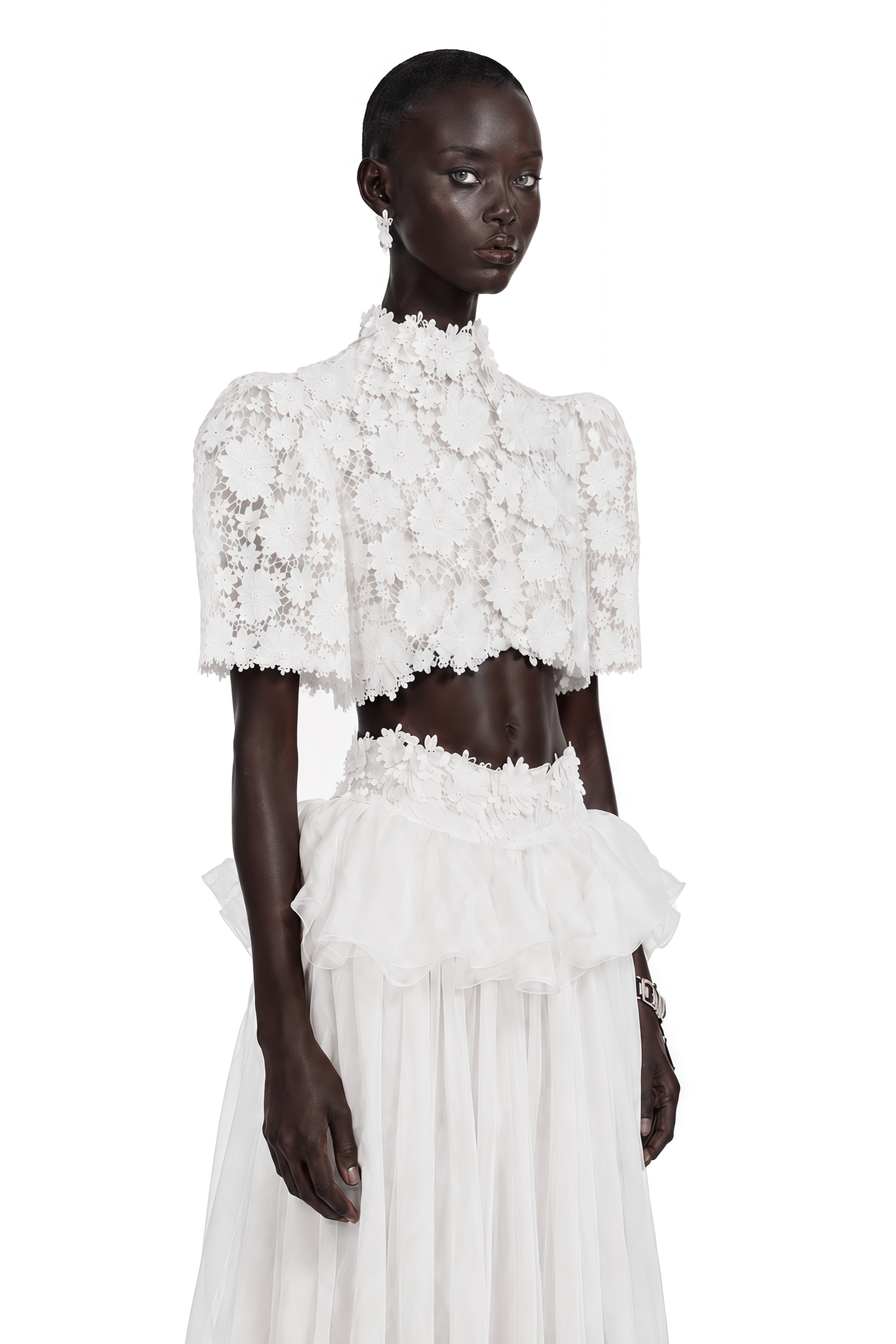 Isla White Lace Puff Sleeves Crop Top & Skirt Set