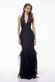 Isolete Black Halterneck Ruffled Ruched Maxi Dress