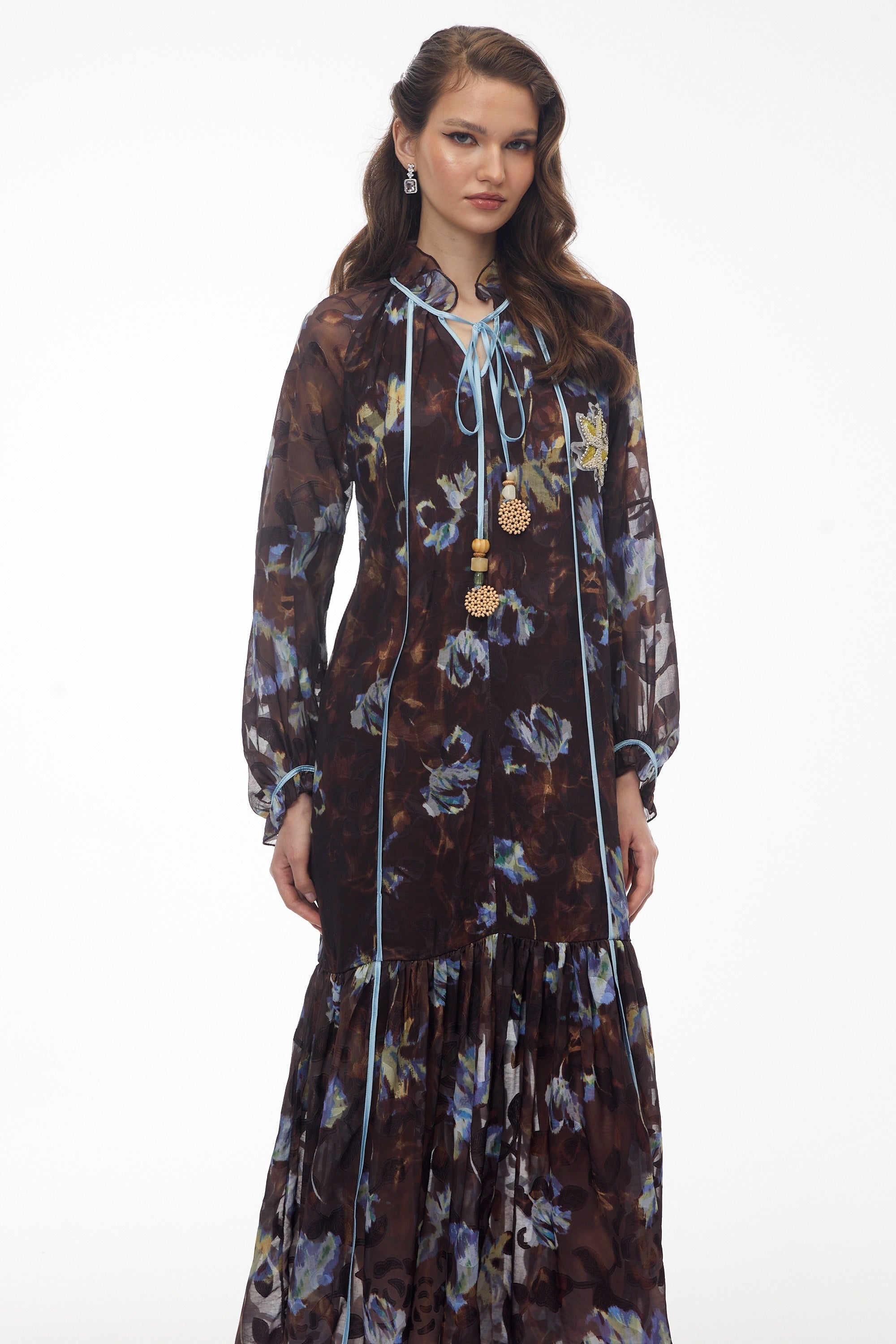 Iulian Brown Ruffled Floral Print Maxi Dress