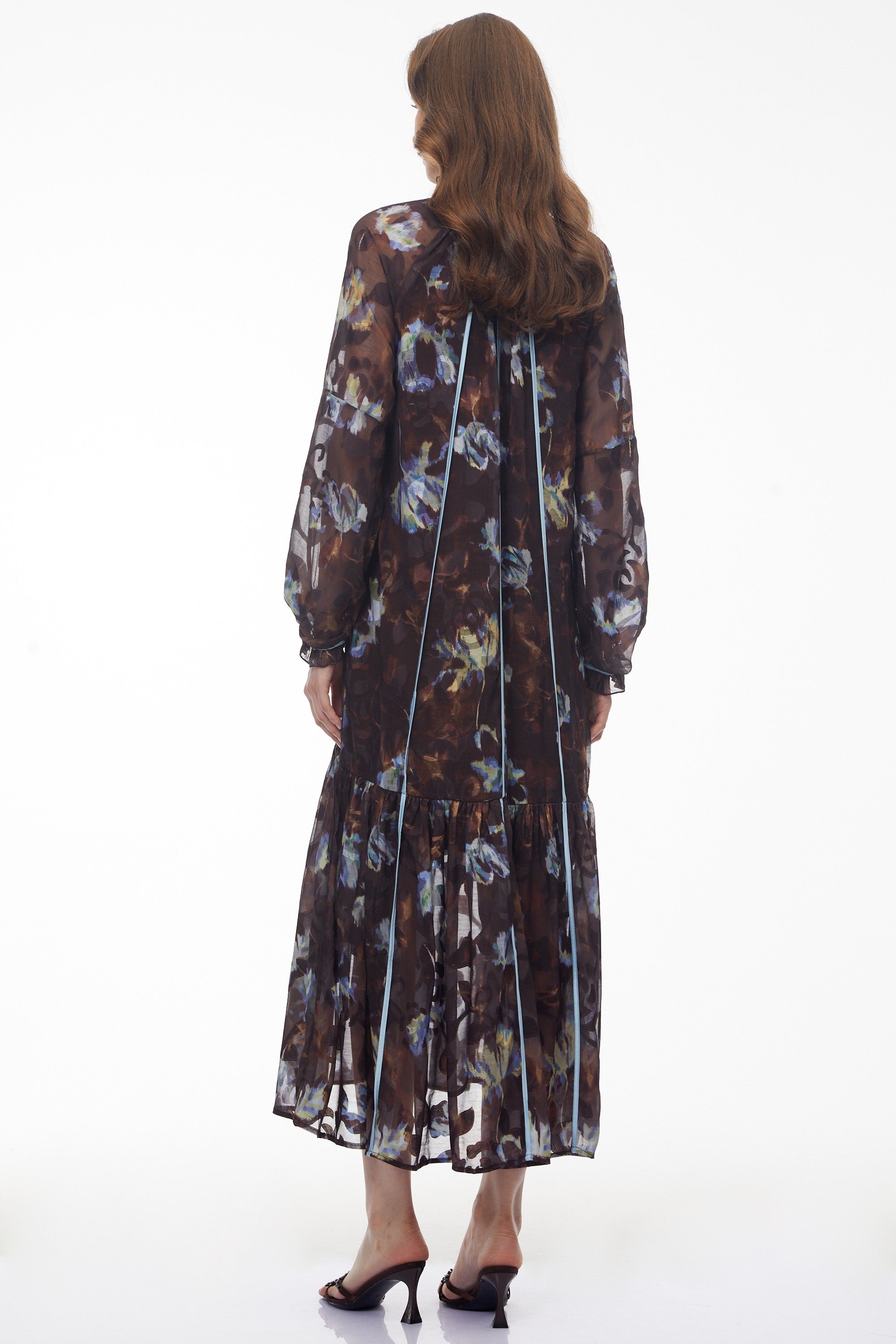 Iulian Brown Ruffled Floral Print Maxi Dress