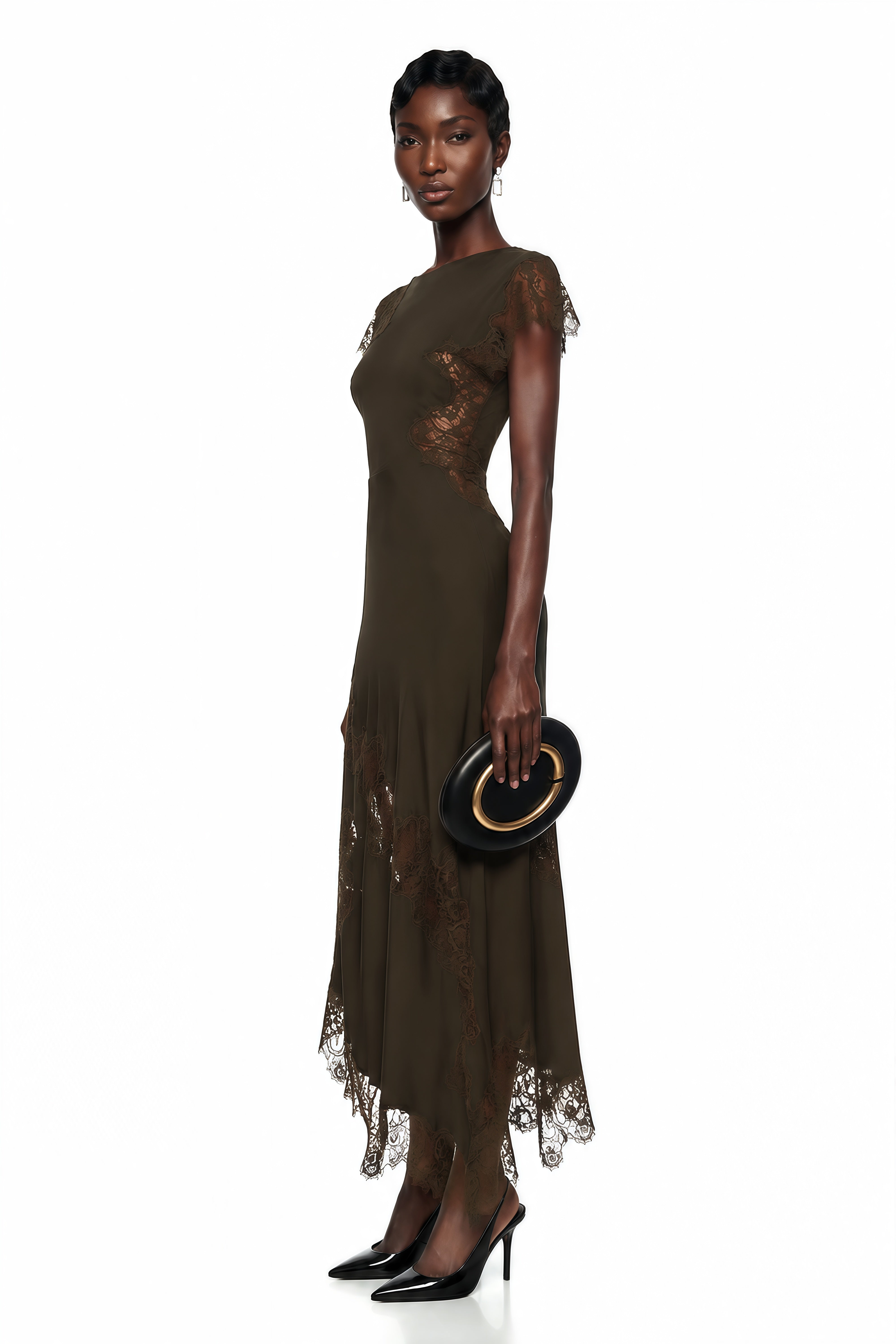【まみ】Asymmetric Lace Panel Dress Jacinta Chocolate Brown Asymmetrical Midi Dress with Lace Panels