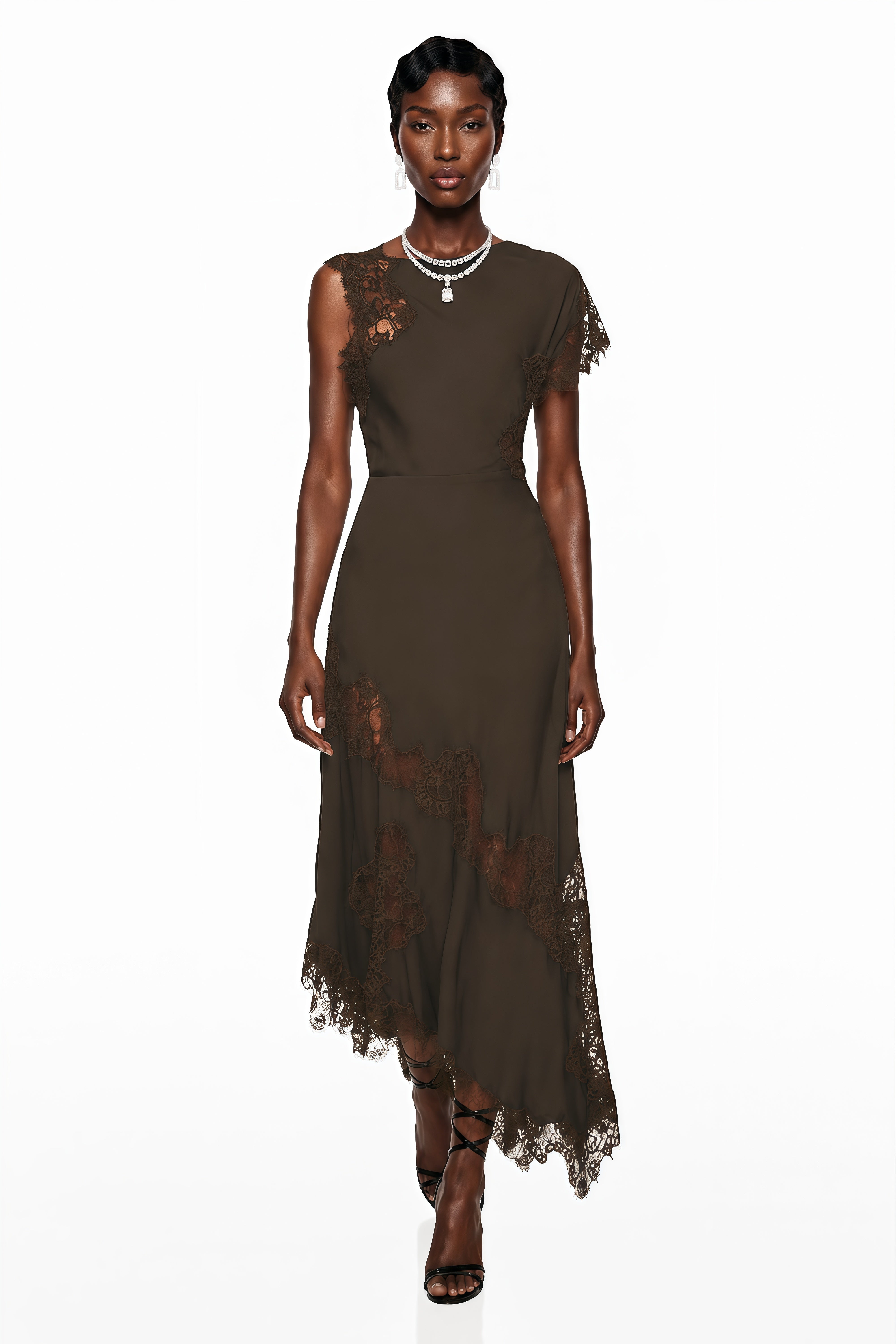 杏様 S ruched sculpt body lace Jacinta Chocolate Brown Asymmetrical Midi Dress with Lace Panels