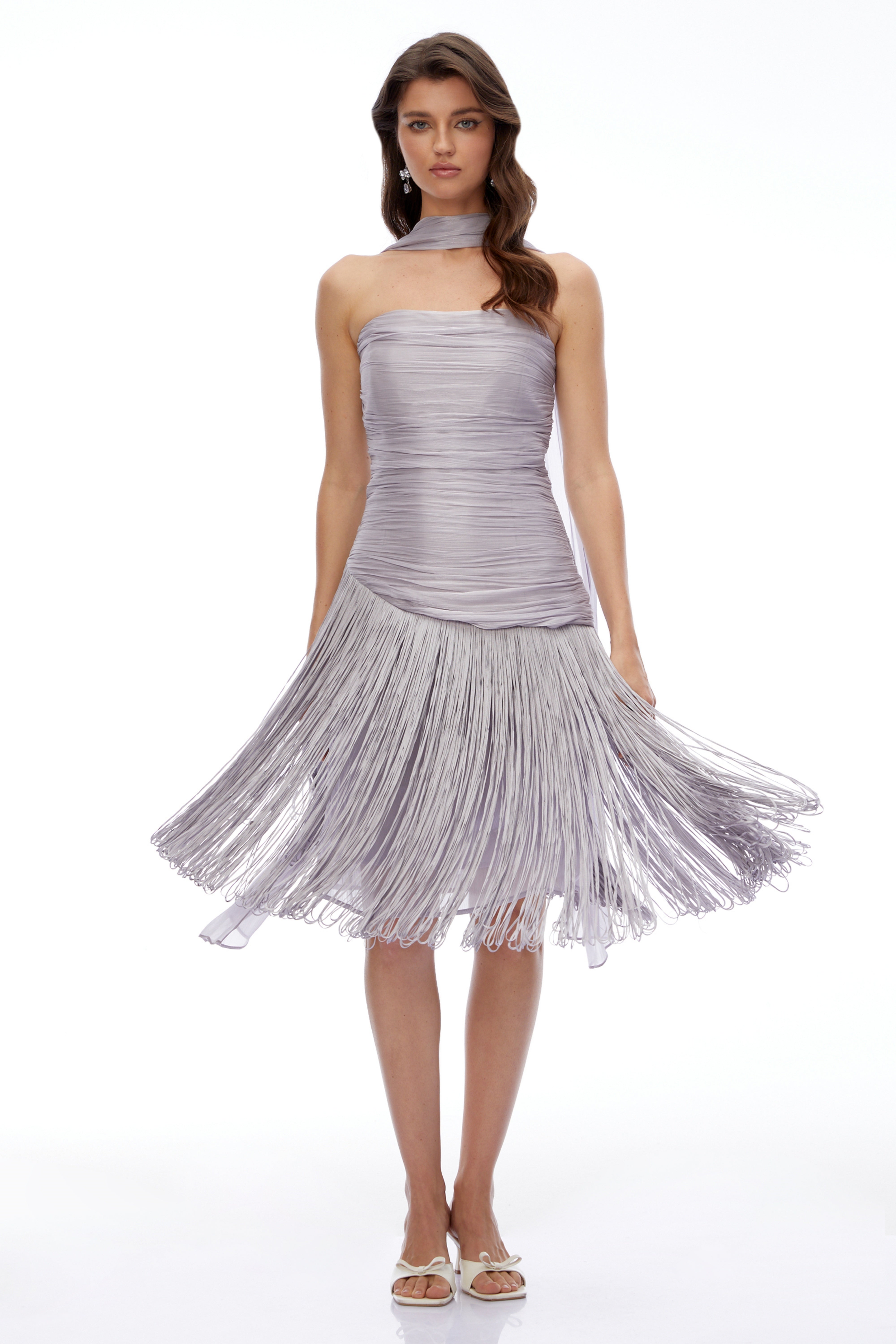 Amaia Smoky Purple Off Shoulder Ruched Midi Dress with Fringe