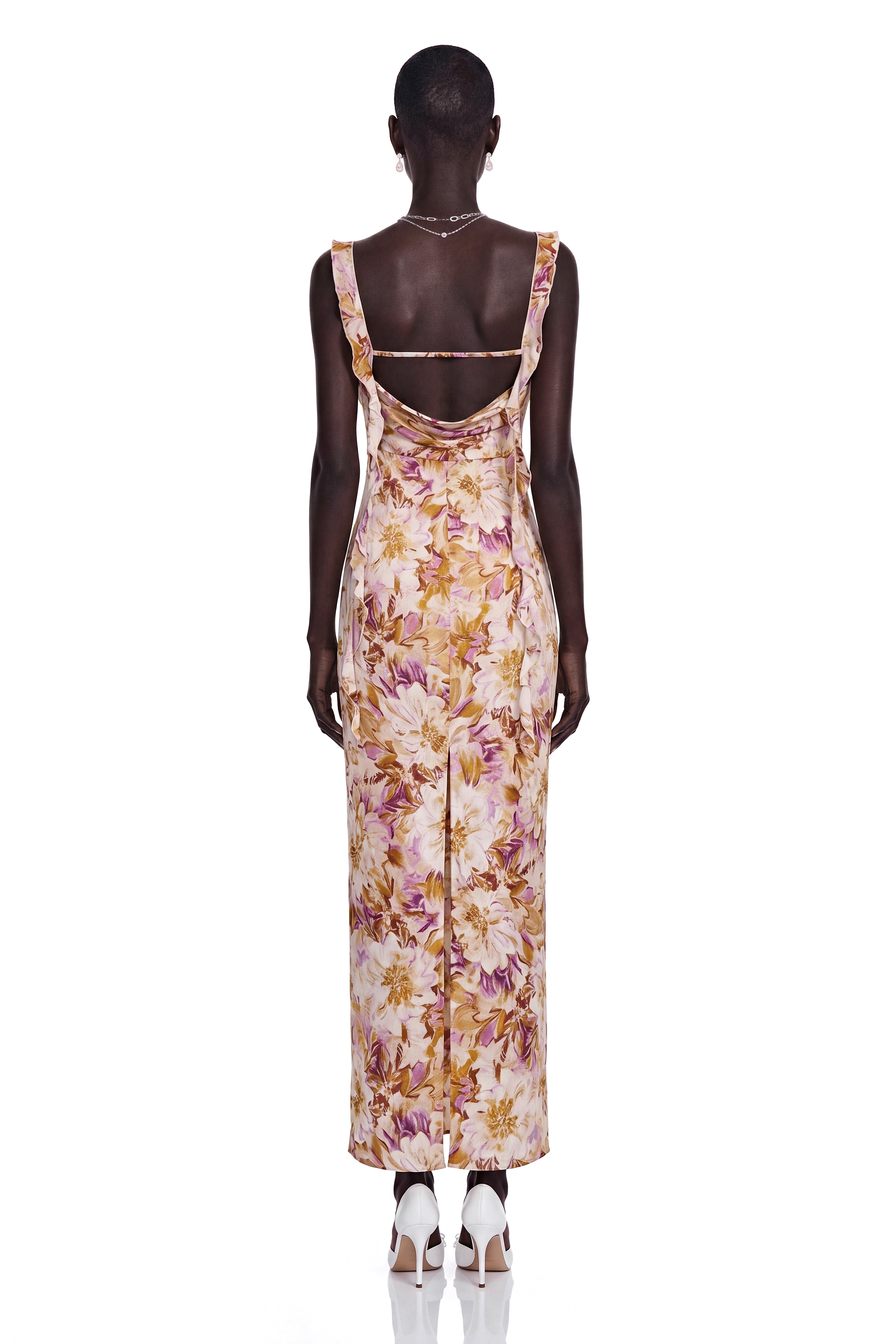 Jade Purple Sweetheart Floral Print Maxi Dress with Ribbon