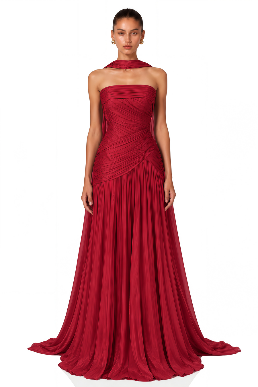 jannat red draped pleated maxi dress with scarf