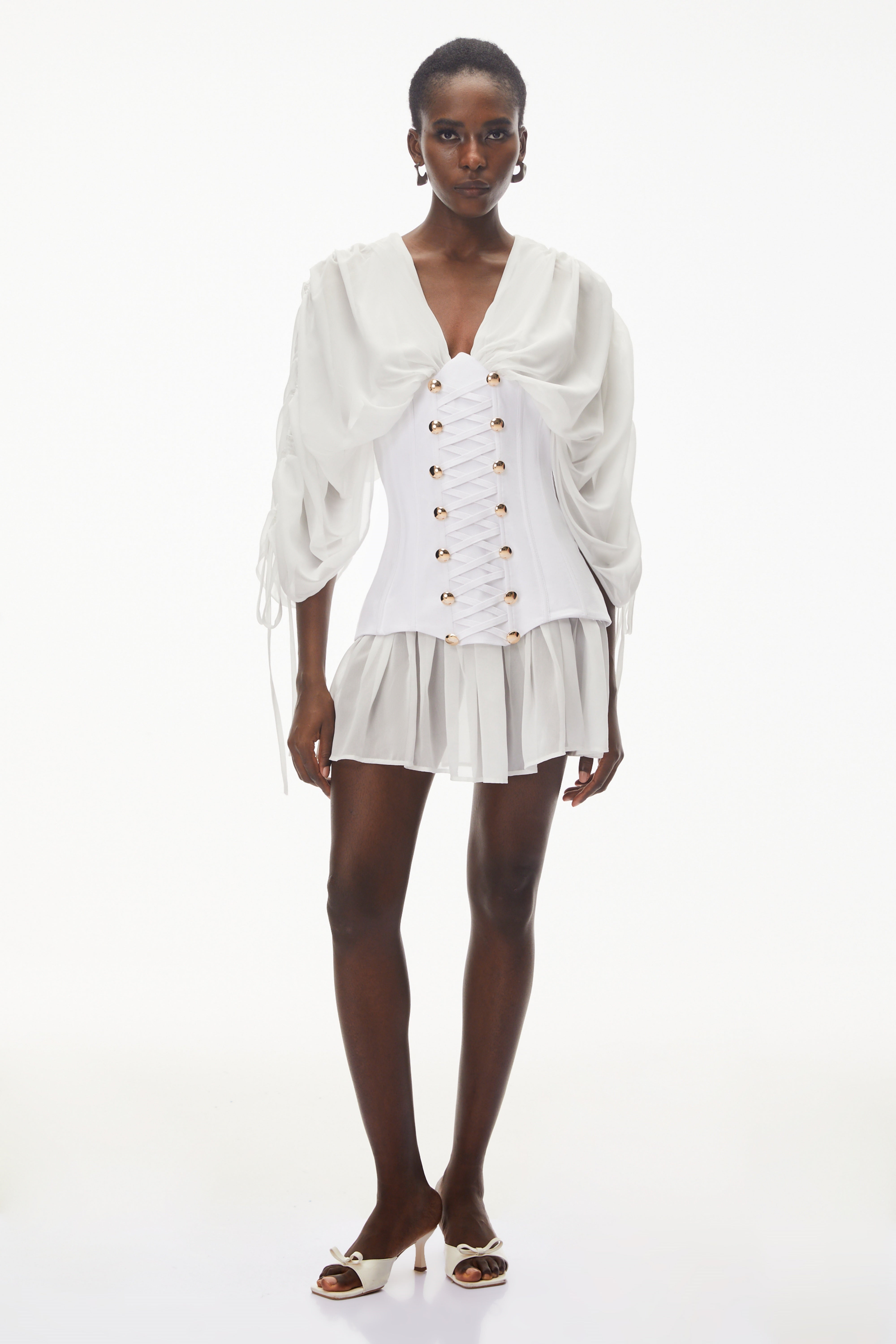 Jasmine White V-Neck Ruched Mini Dress