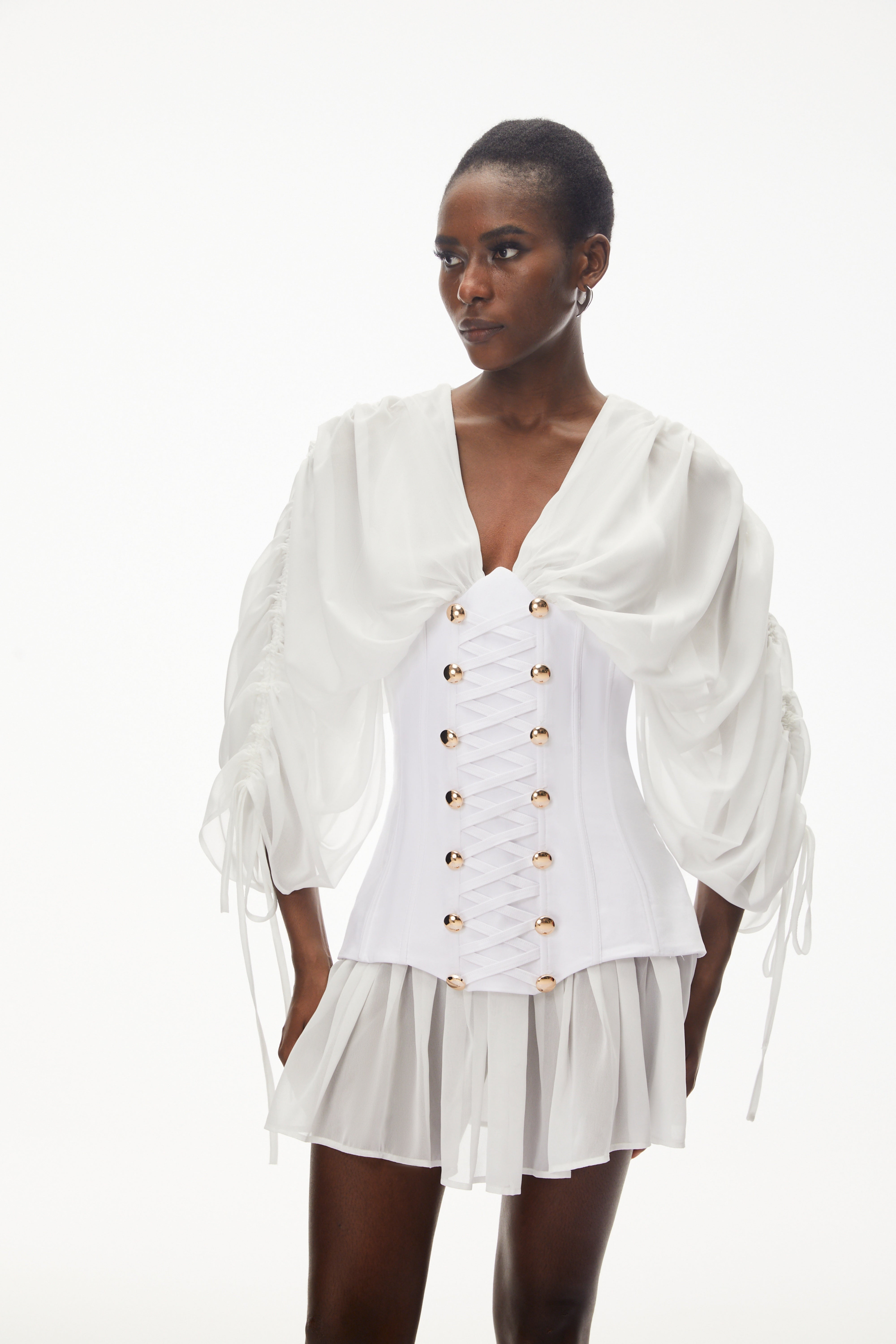 Jasmine White V-Neck Ruched Mini Dress