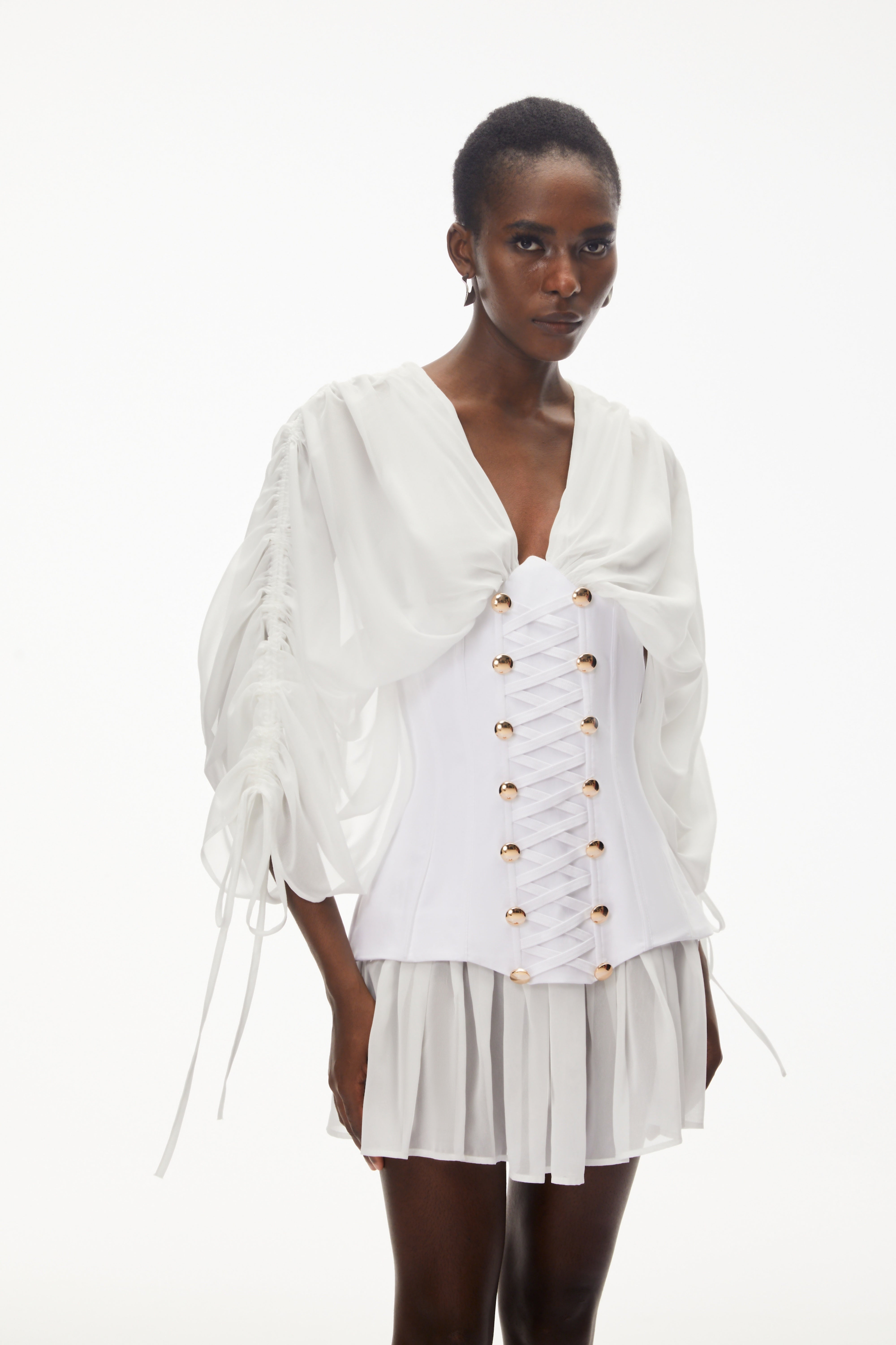 Jasmine White V-Neck Ruched Mini Dress