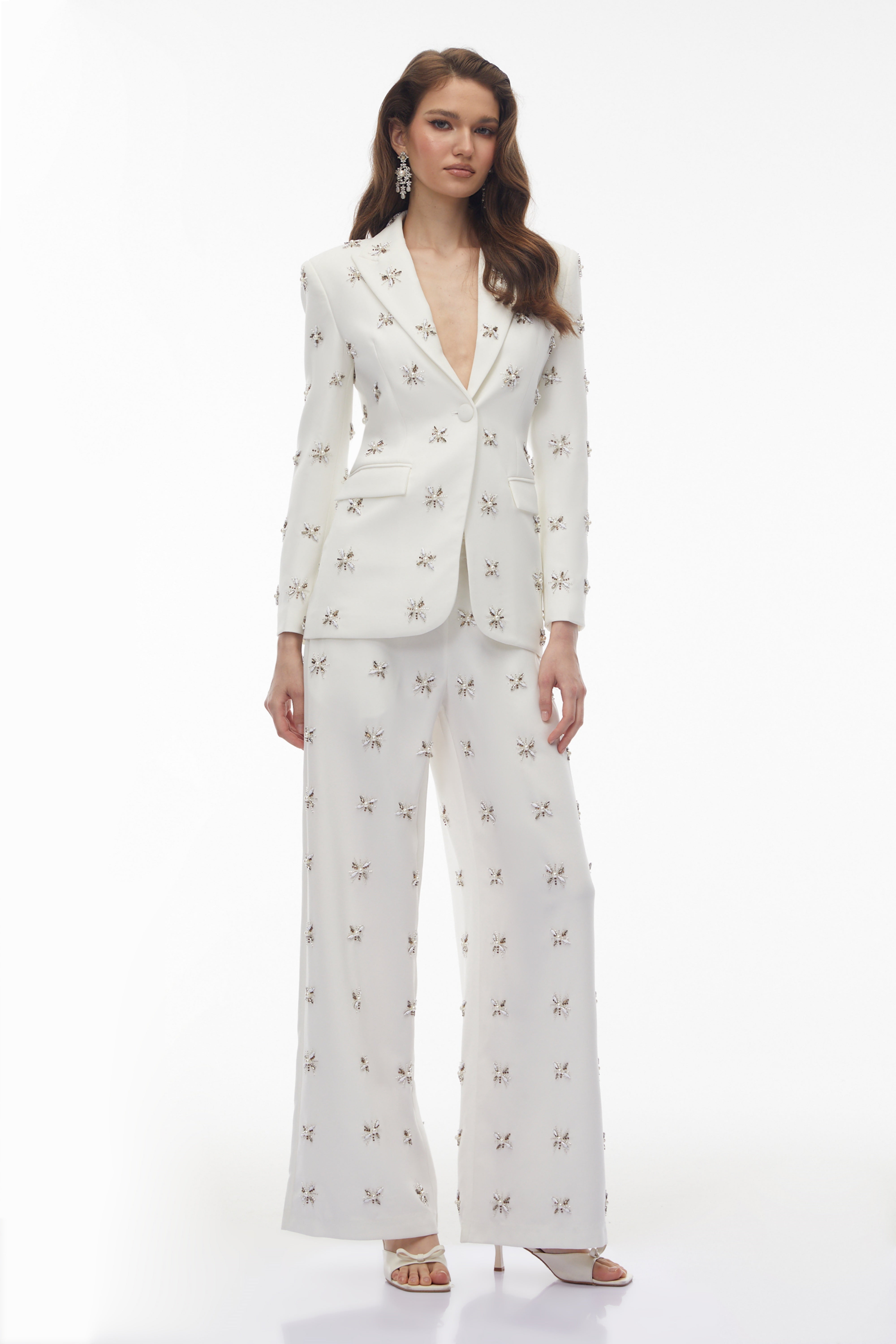 Jessica White Crystal Beaded Blazer & Trousers Set