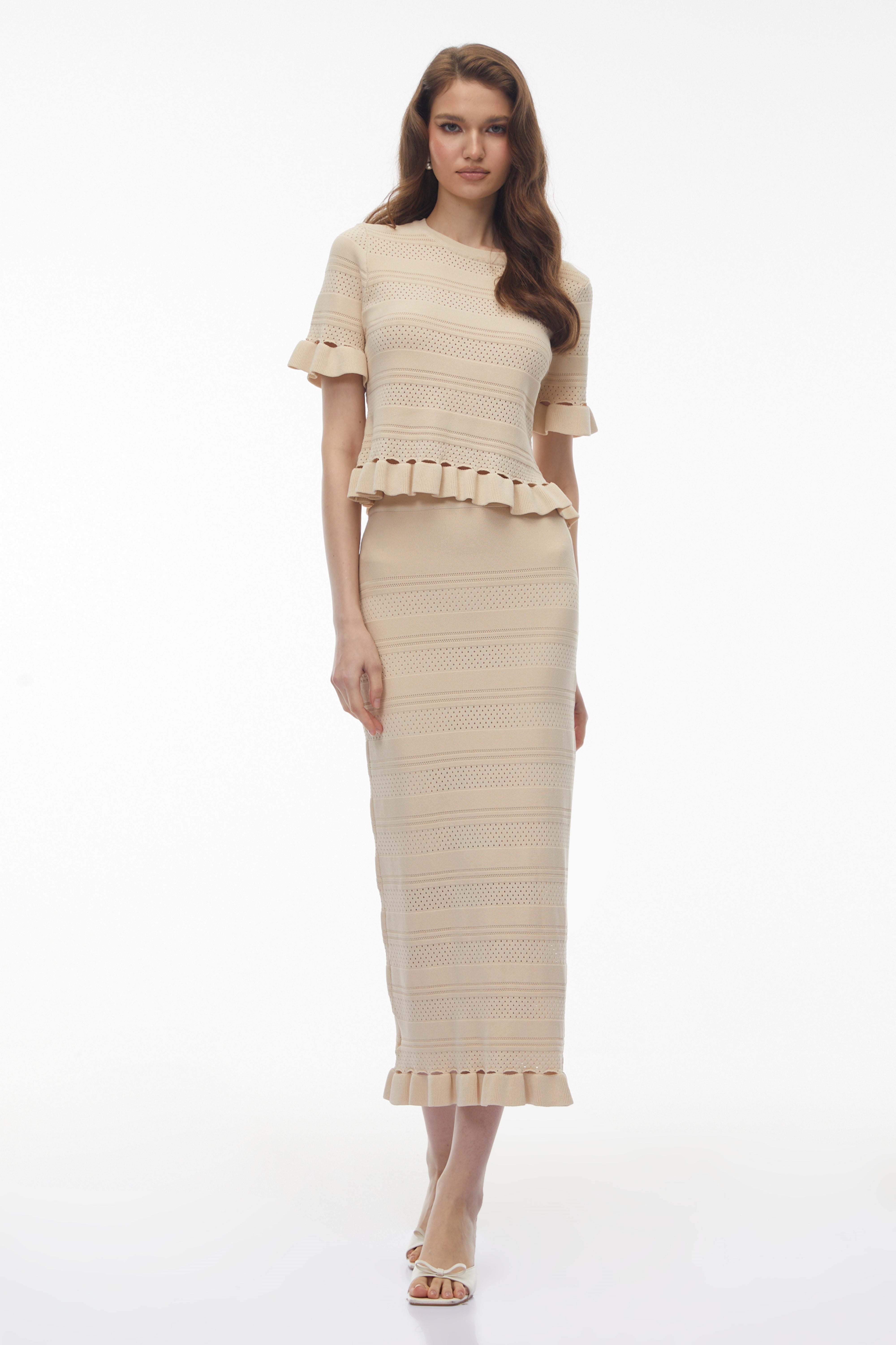 Jocasta Neutral Round Neck Knit Top & Skirt Set