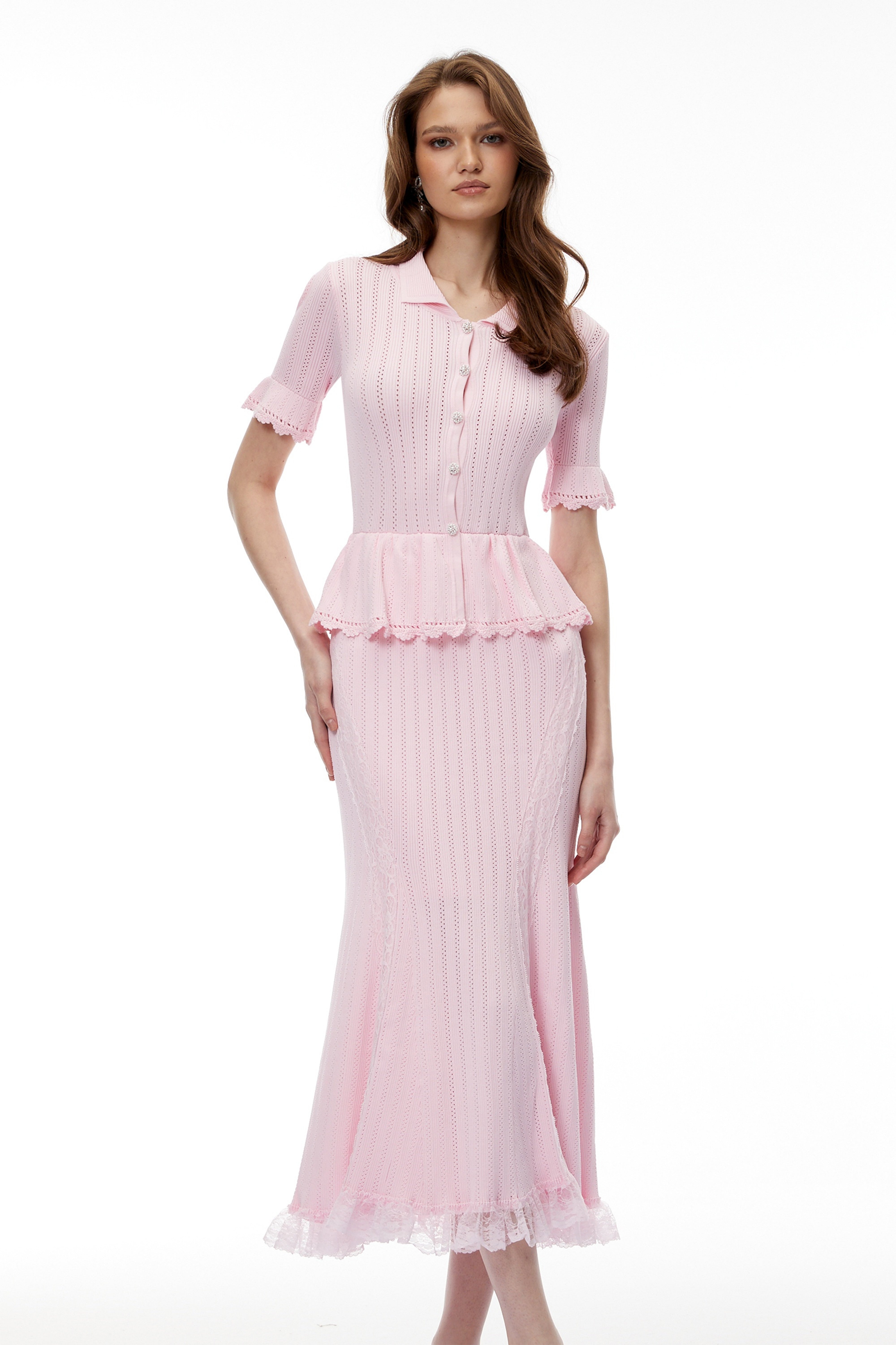 Jocasta Pink Stretch Lace Knit Midi Dress