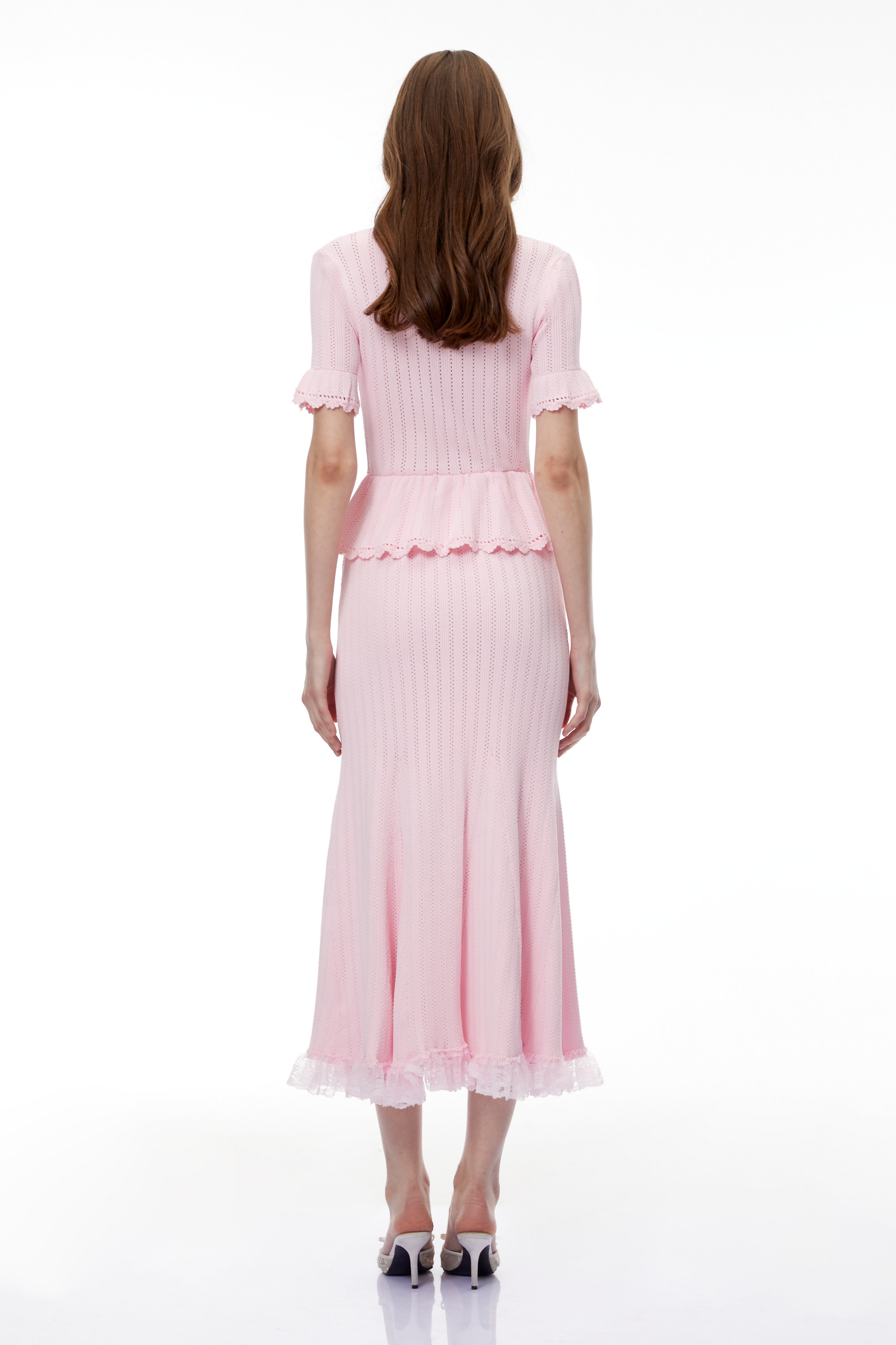 Jocasta Pink Stretch Lace Knit Midi Dress