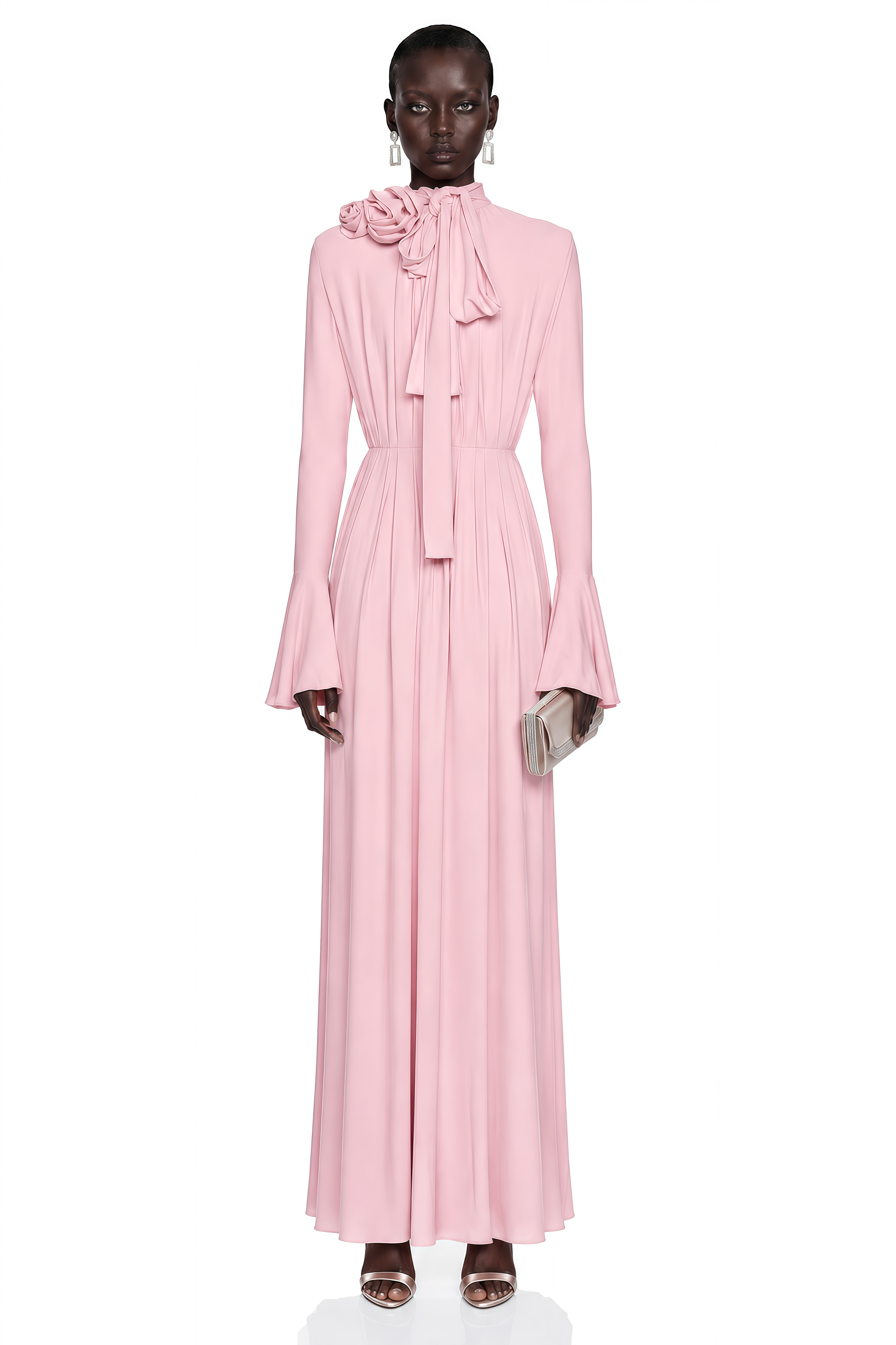 Jocelinda Pink Ruched Maxi Dress with 3D Florals