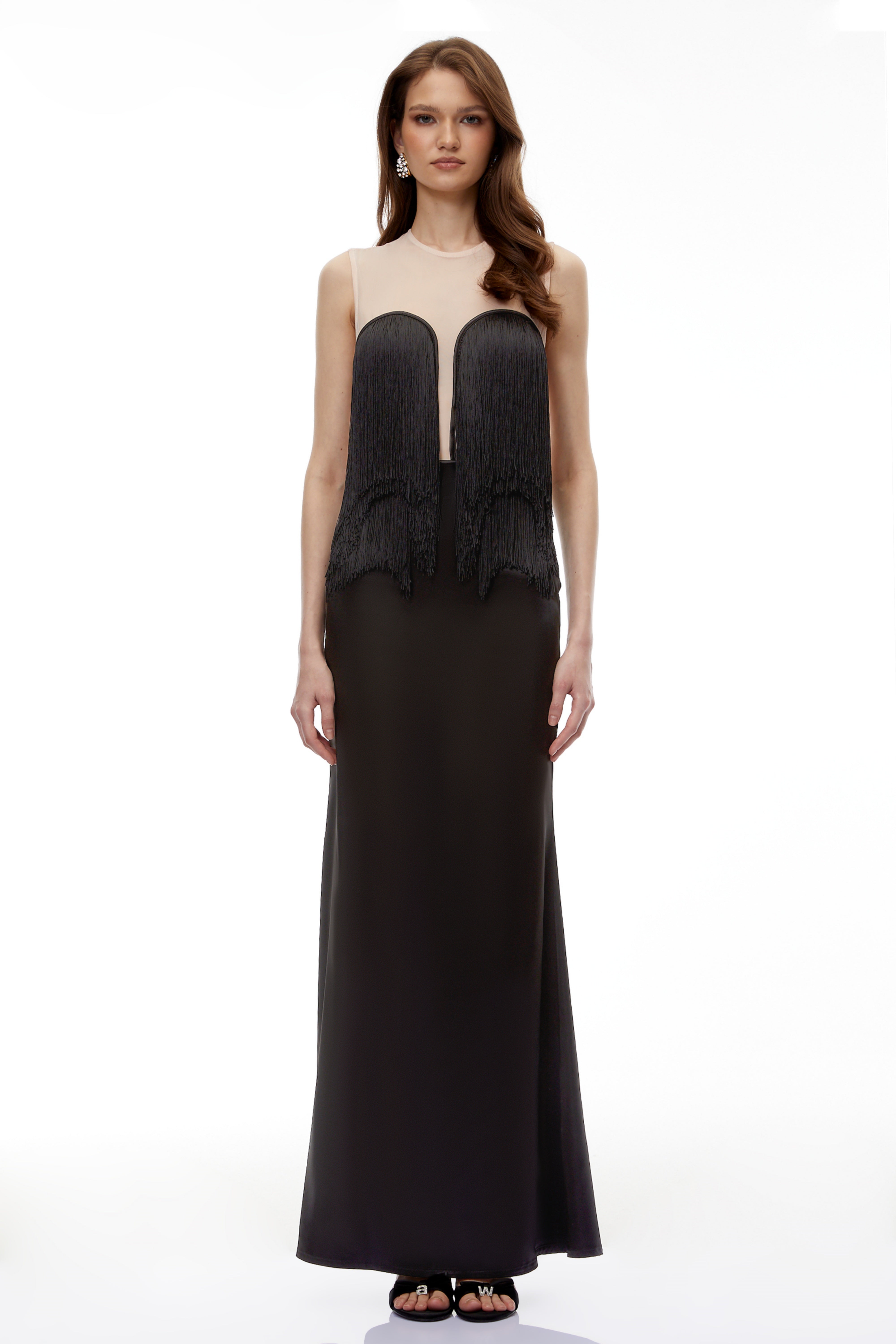 Jochebed Black Semi-Sheer Maxi Dress with Tassels