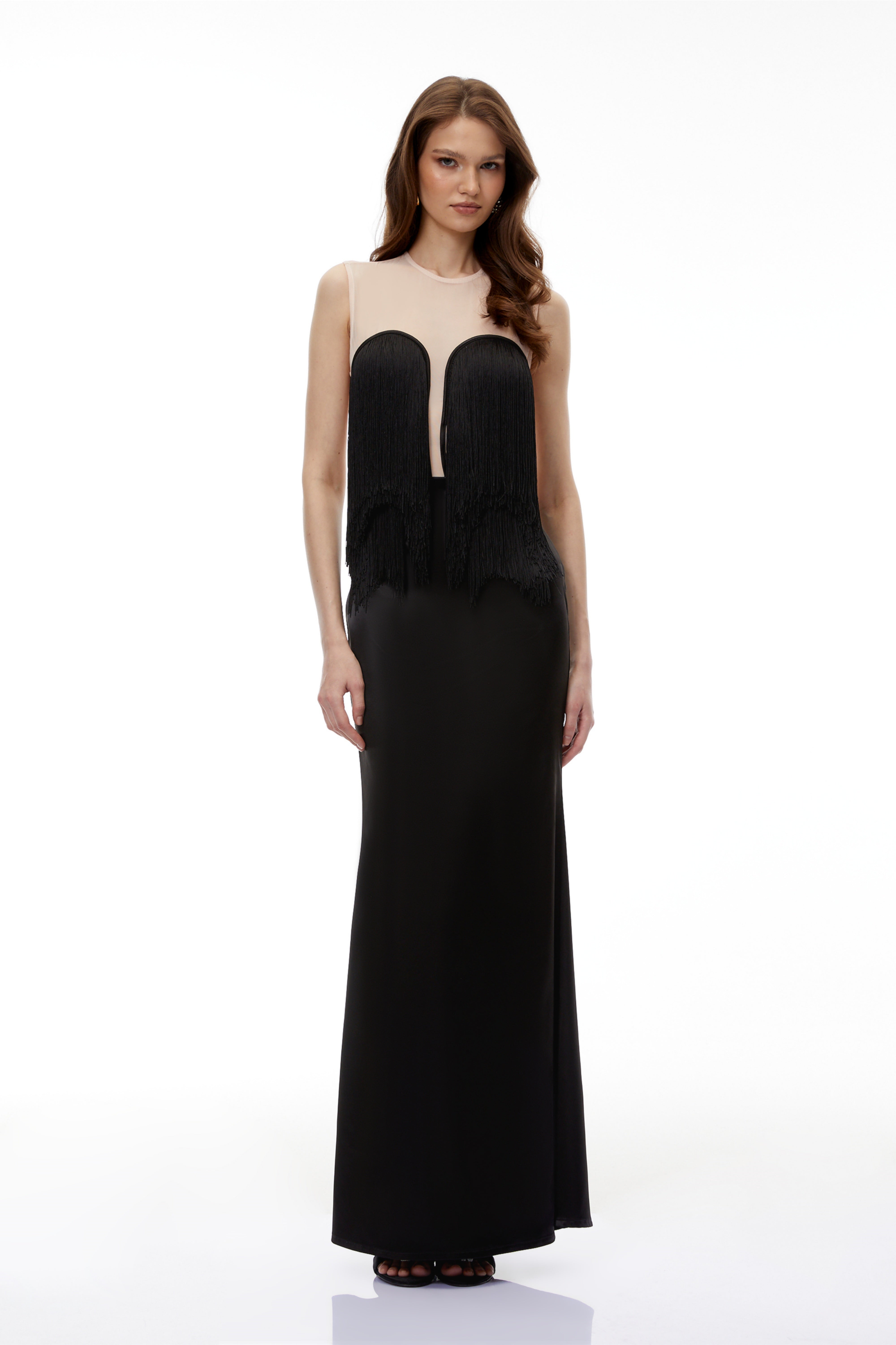 Jochebed Black Semi-Sheer Maxi Dress with Tassels