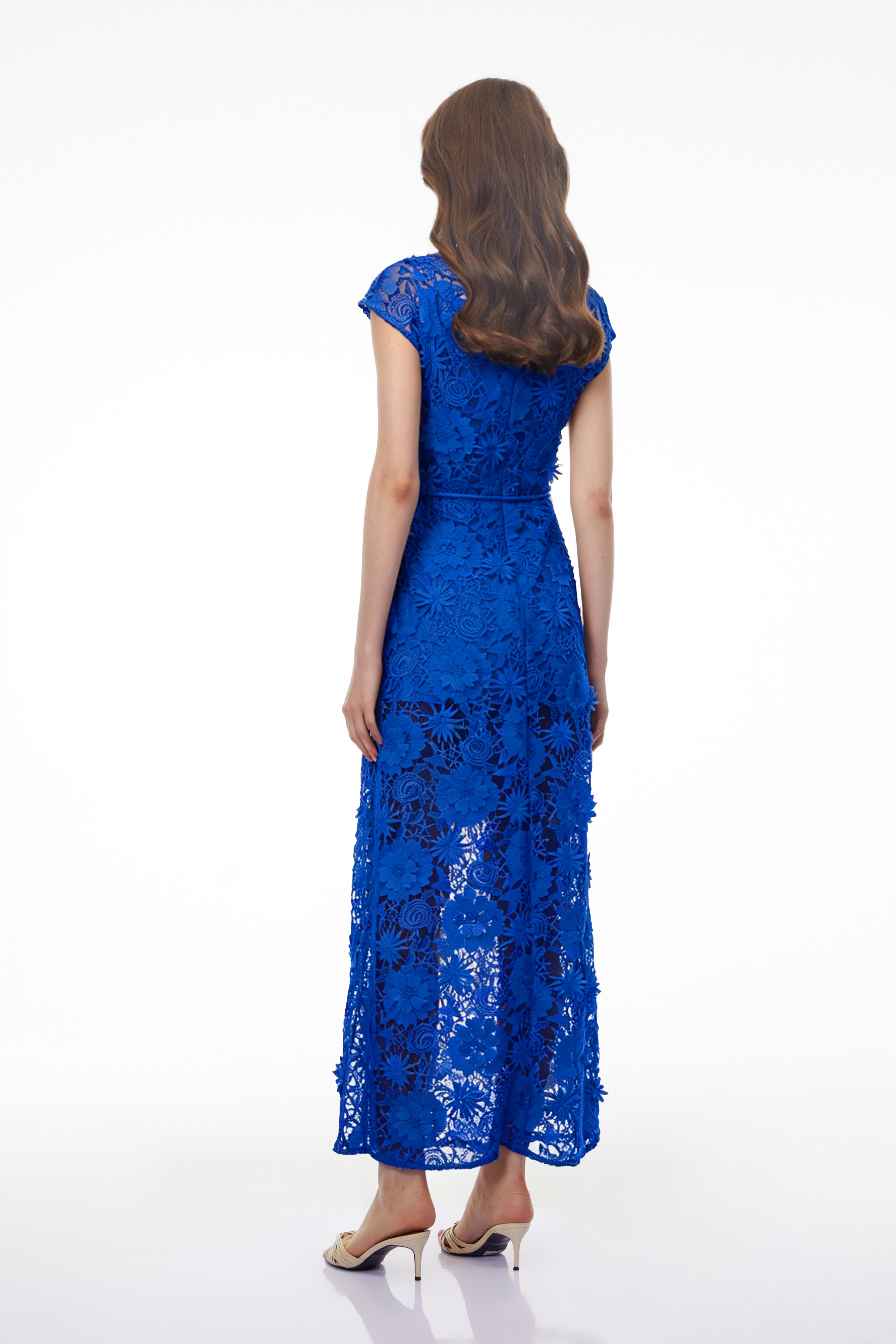 Jochebed Blue Floral Appliqué Maxi Dress witn Cut-Outs