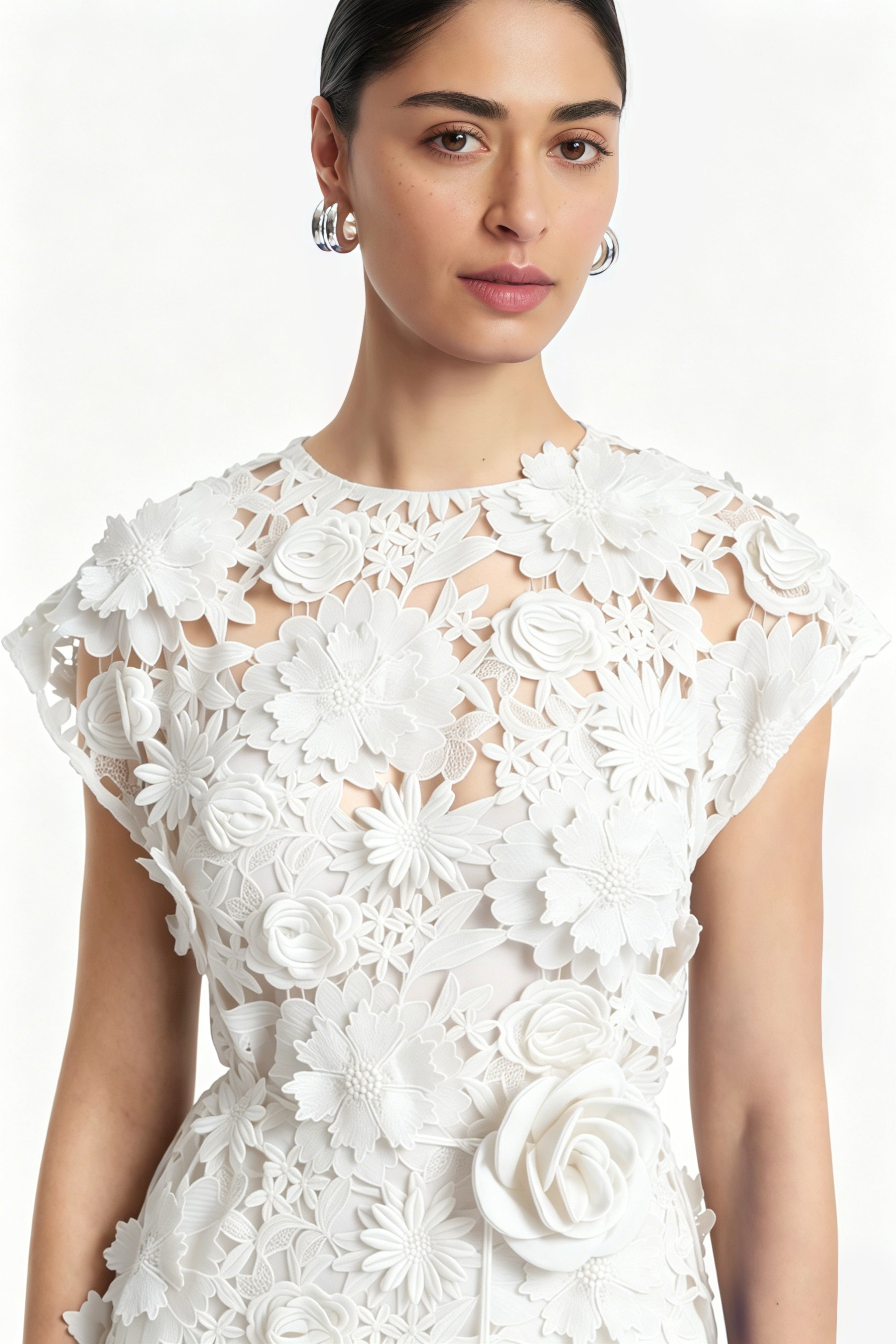 Jochebed White Floral Appliqué Maxi Dress witn Cut-Outs