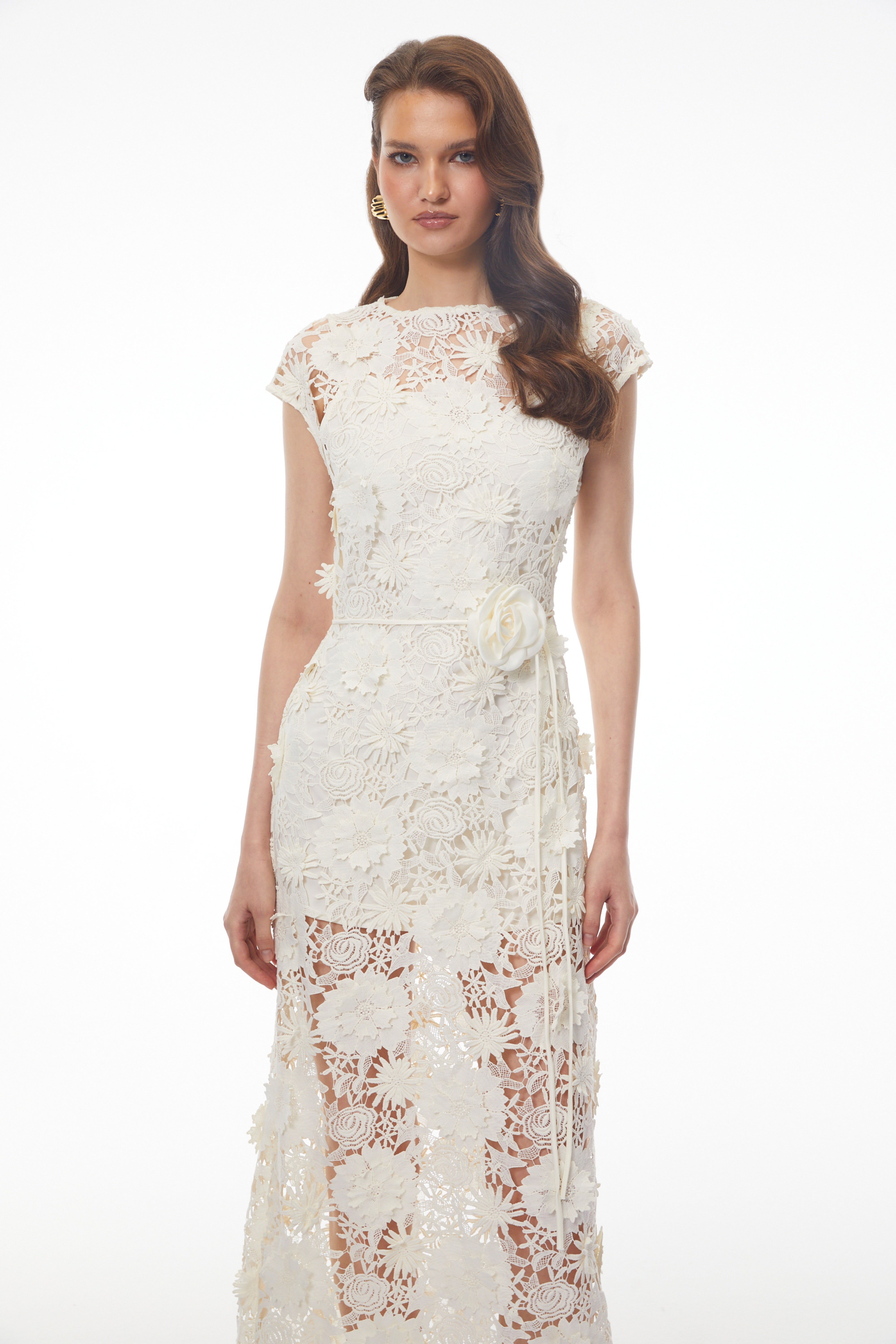 Jochebed White Floral Appliqué Maxi Dress witn Cut-Outs
