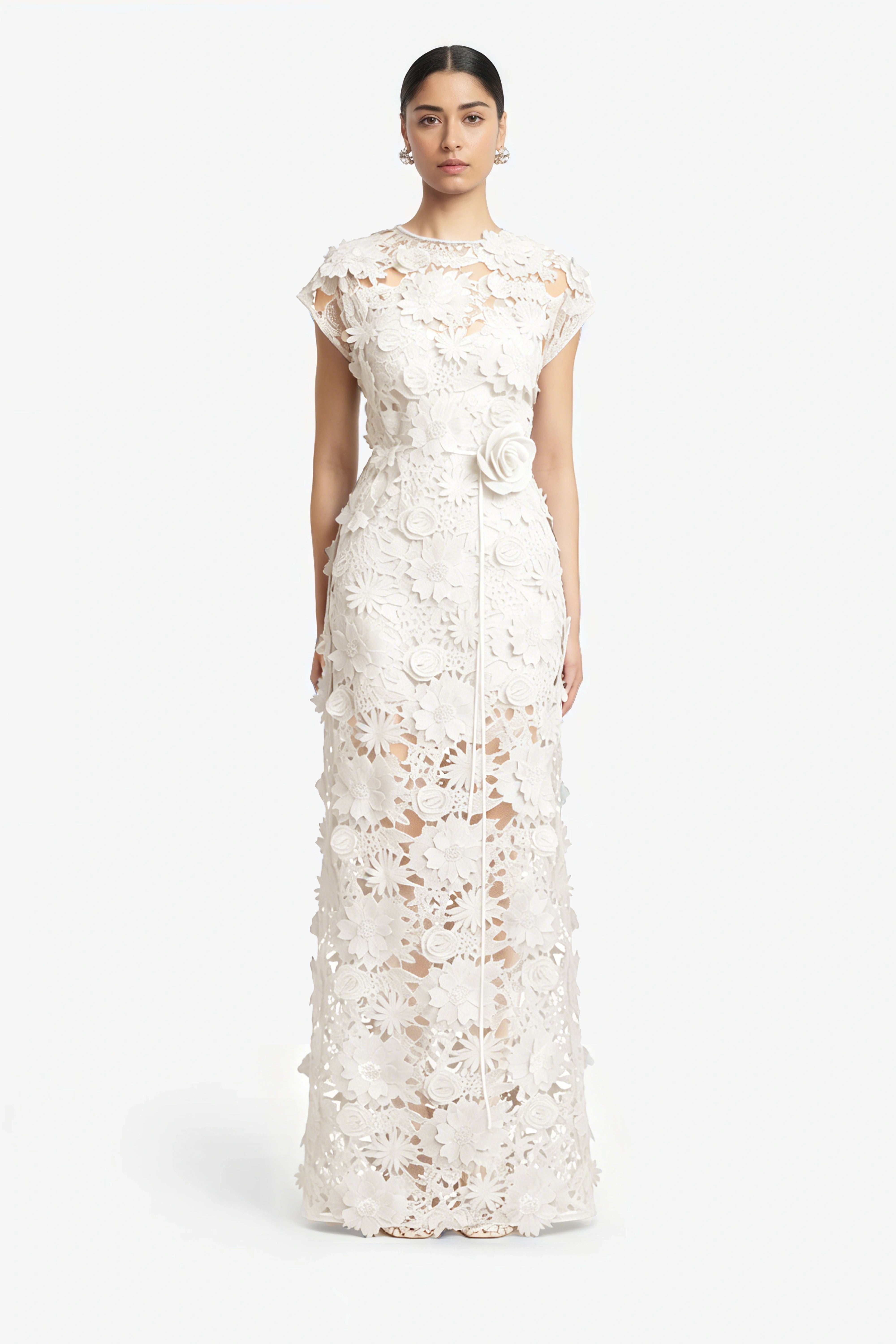 Jochebed White Floral Appliqué Maxi Dress witn Cut-Outs