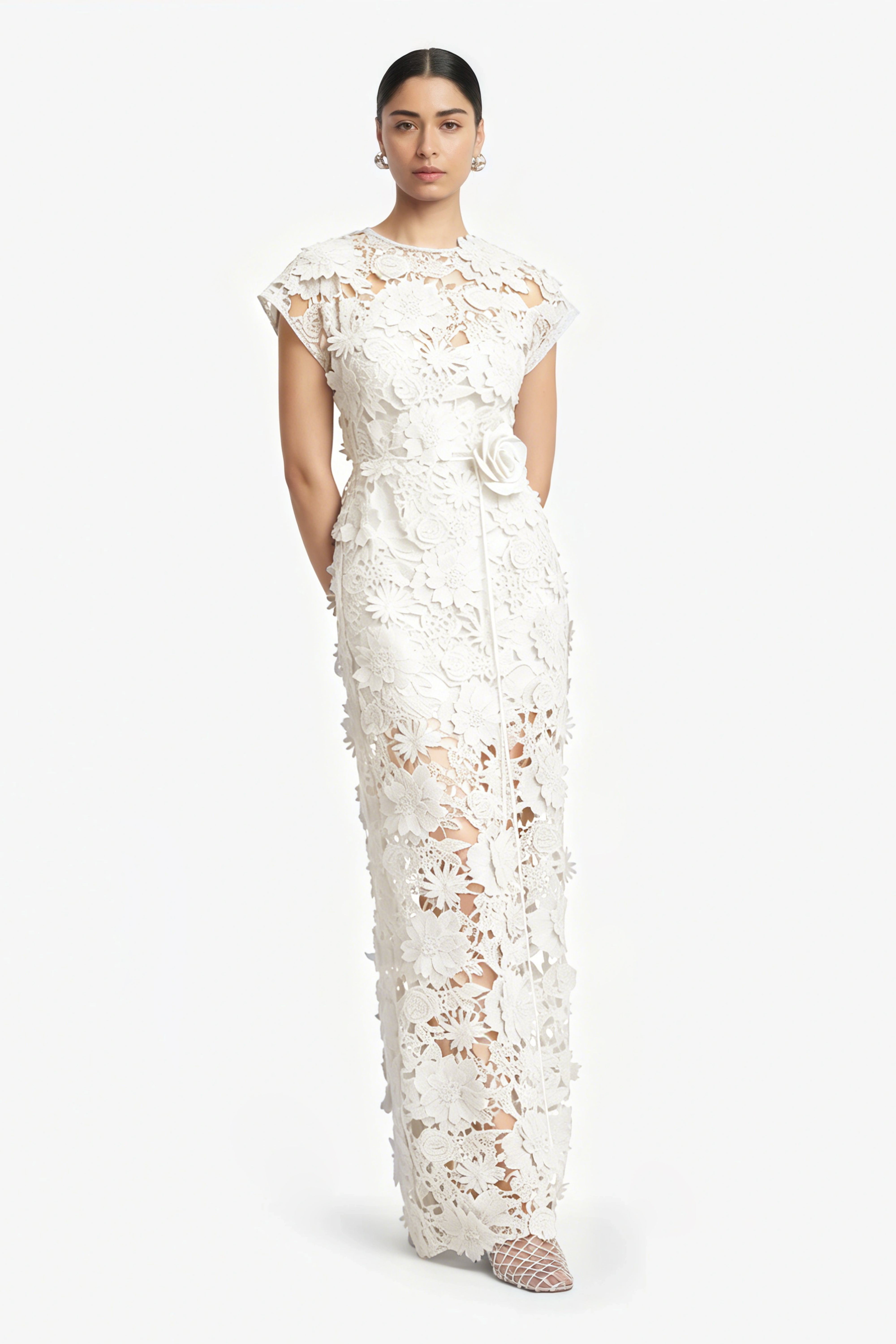 Jochebed White Floral Appliqué Maxi Dress witn Cut-Outs