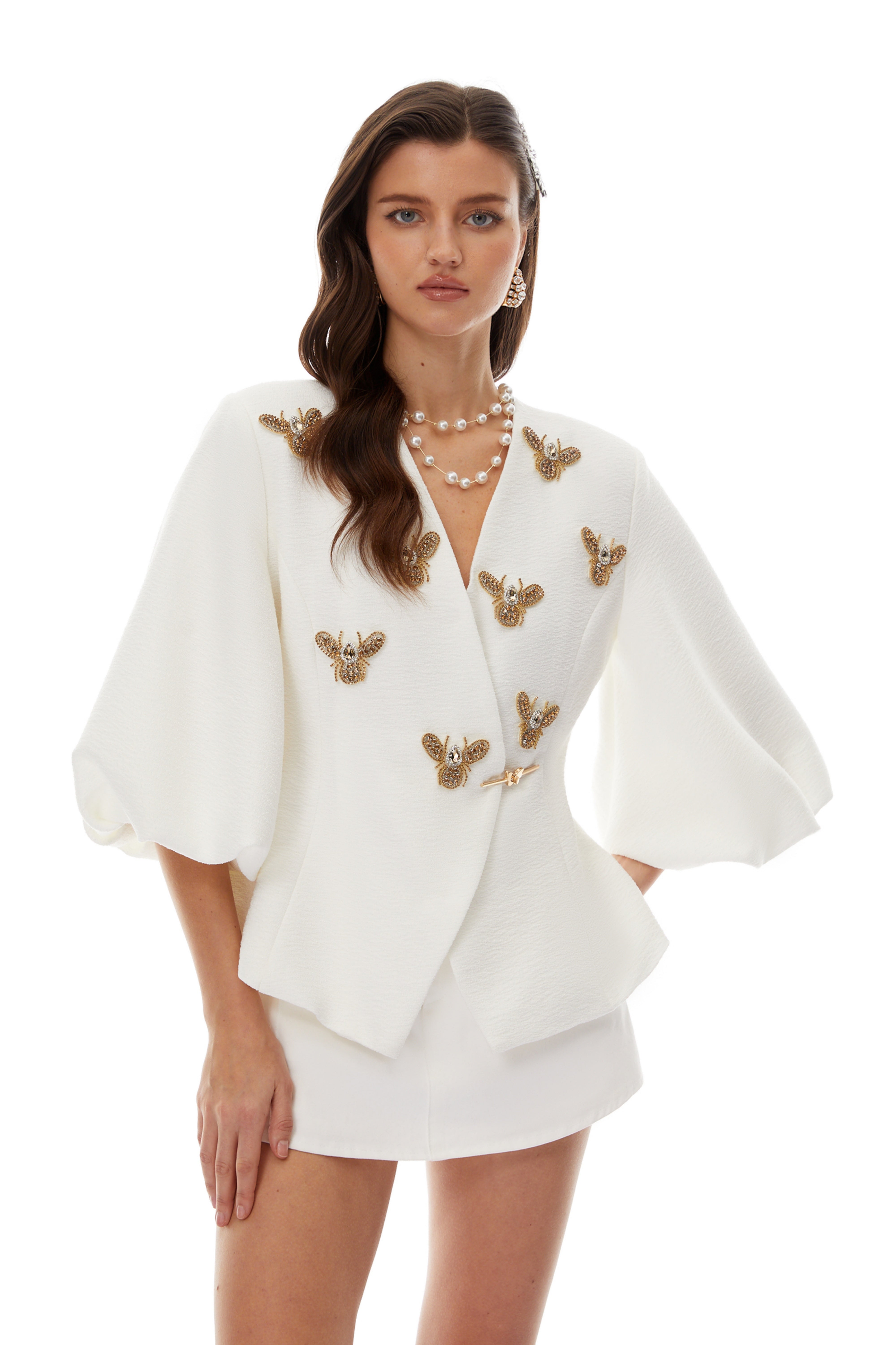 Jóna White Embellished Wrap Blouse