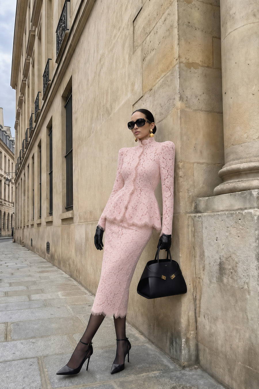 josie pink lace high neck blouse & skirt set