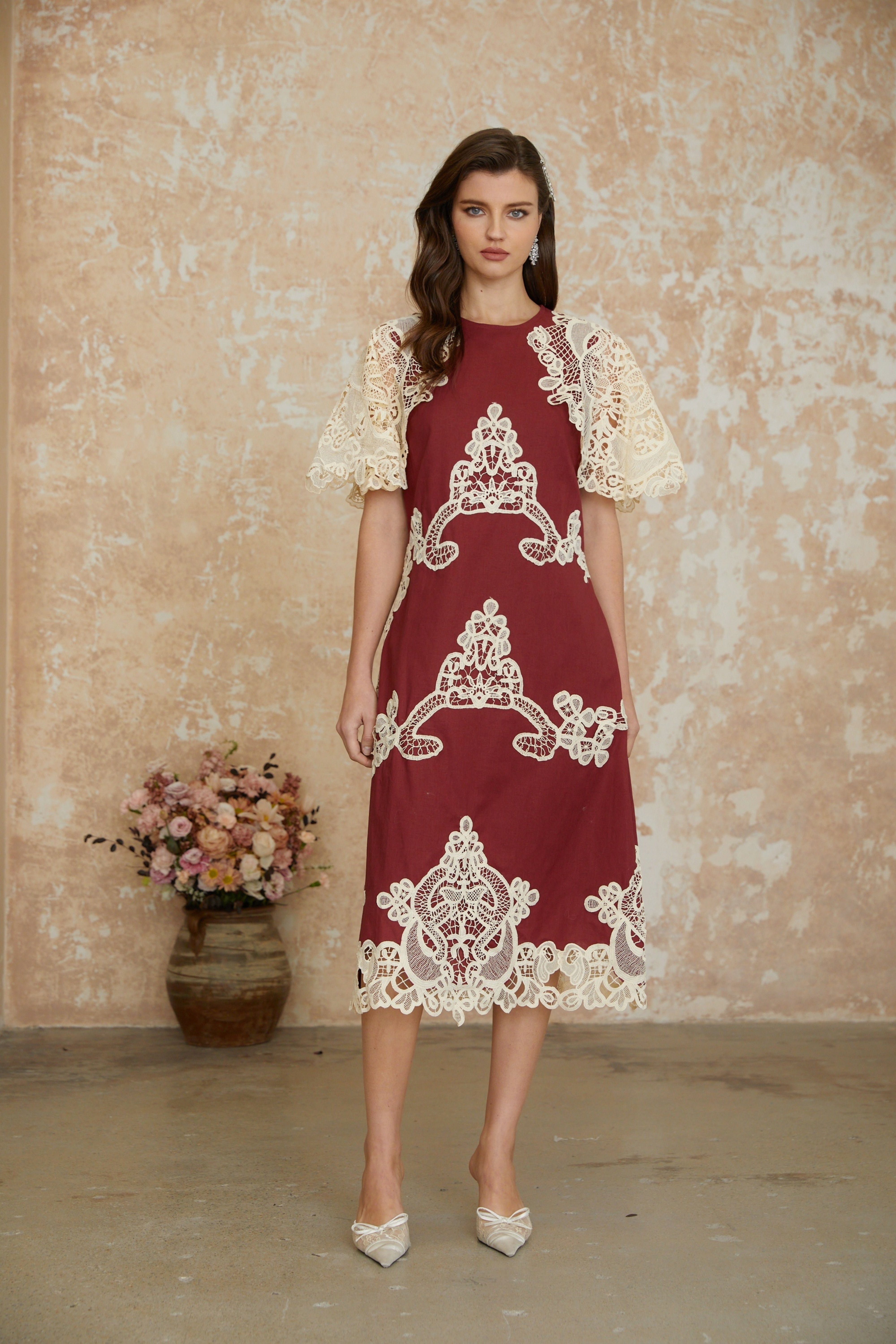 Julia Red Color Block Floral Embroidered Midi Dress (Final Sale-US Only)