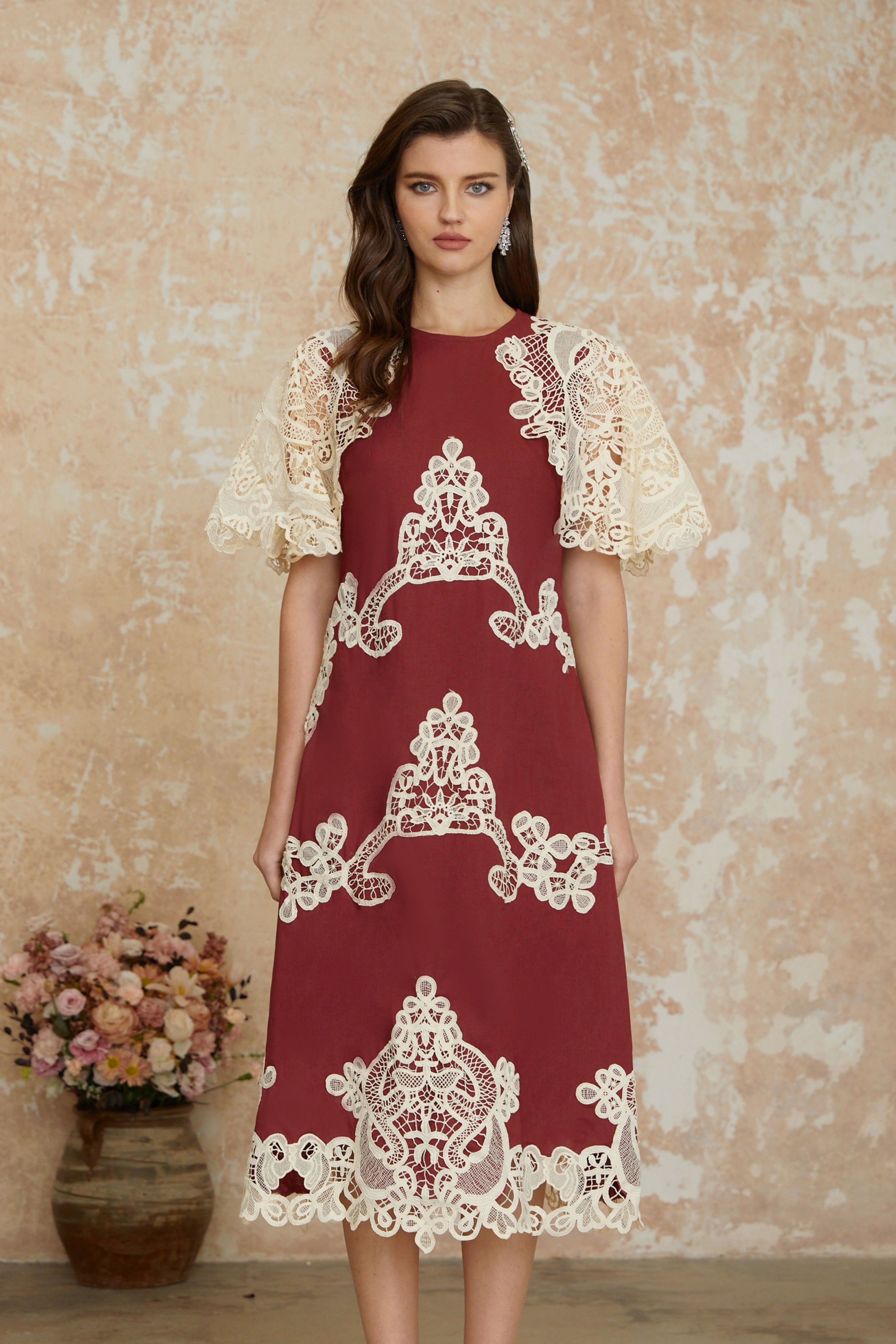 Julia Red Color Block Floral Embroidered Midi Dress (Final Sale-US Only)