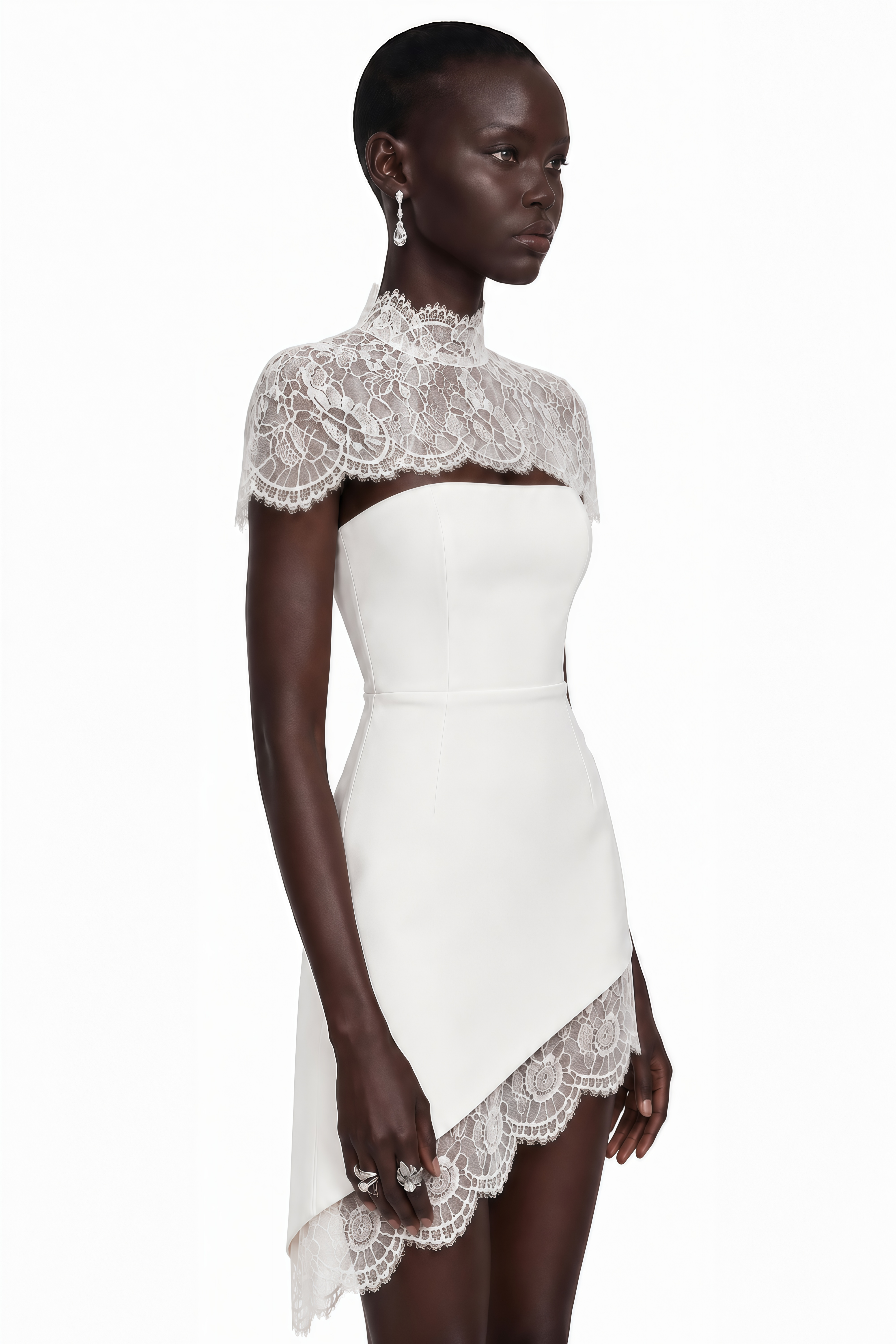 Juliana White Off Shoulder Mini Dress with Asymmetrical Lace Panels