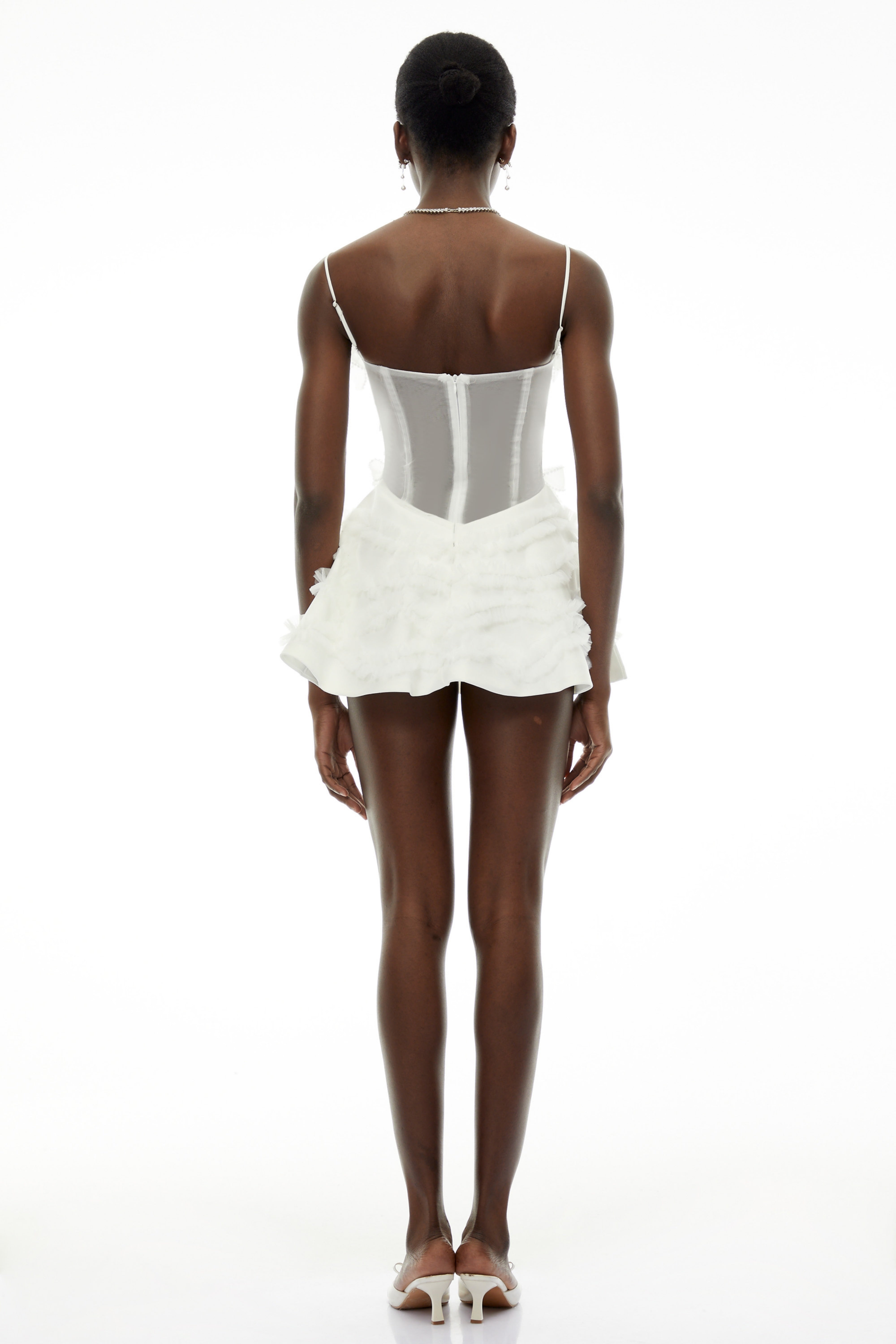 Juliana White Ruffled Mini Dress with Bow Detail