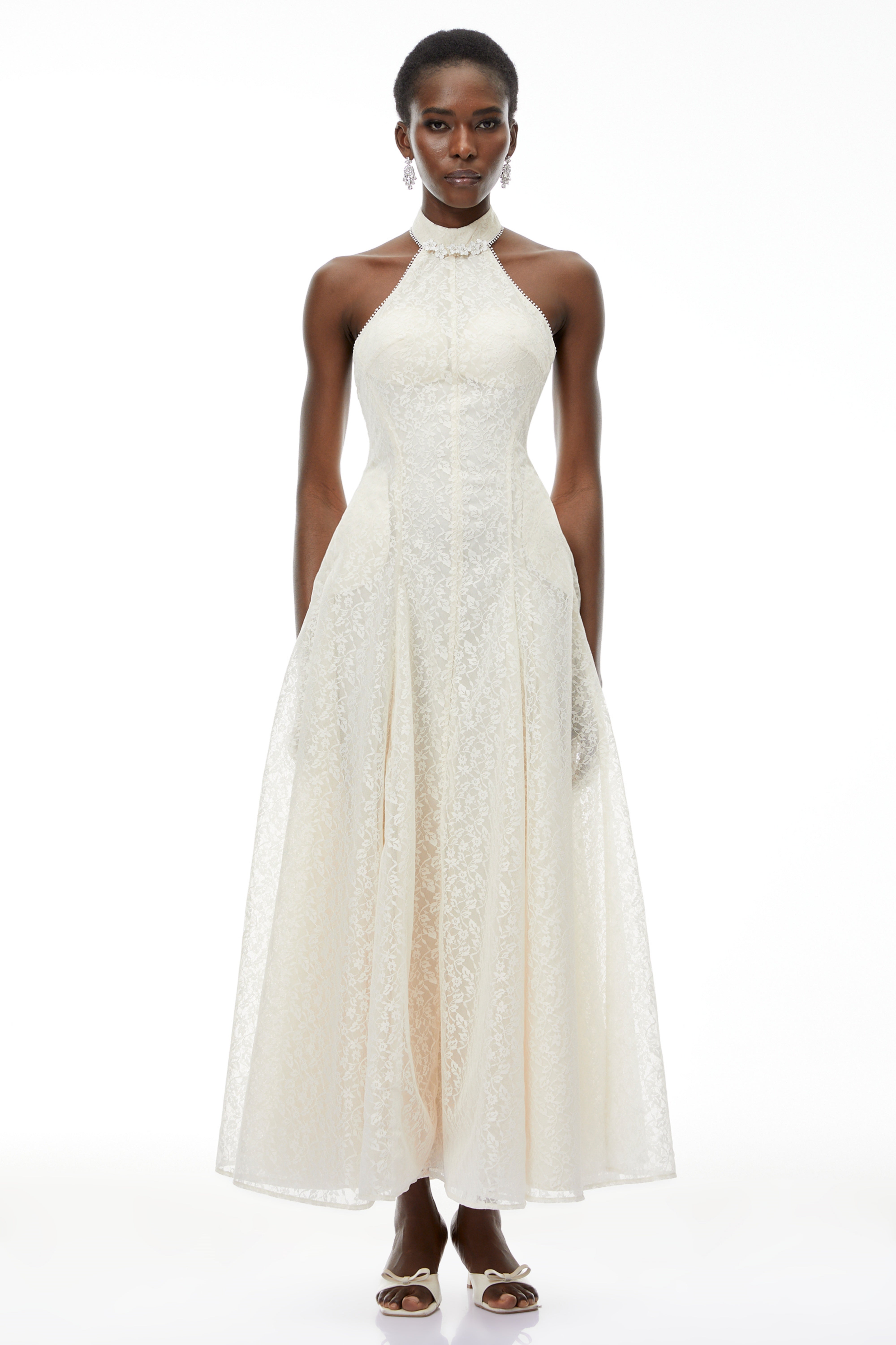 Juliet Cream White Halterneck Floral Lace Maxi Dress