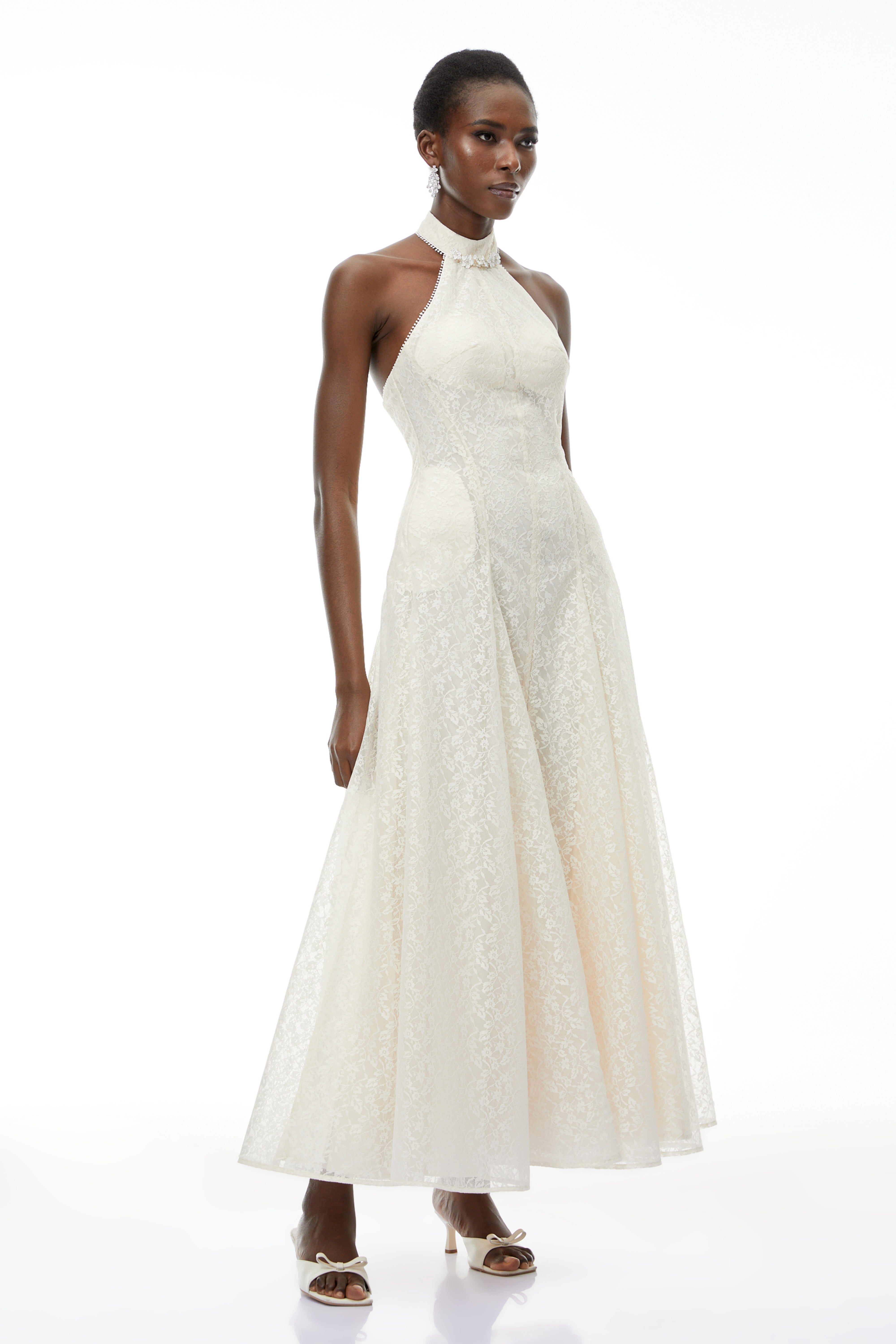 Juliet Cream White Halterneck Floral Lace Maxi Dress