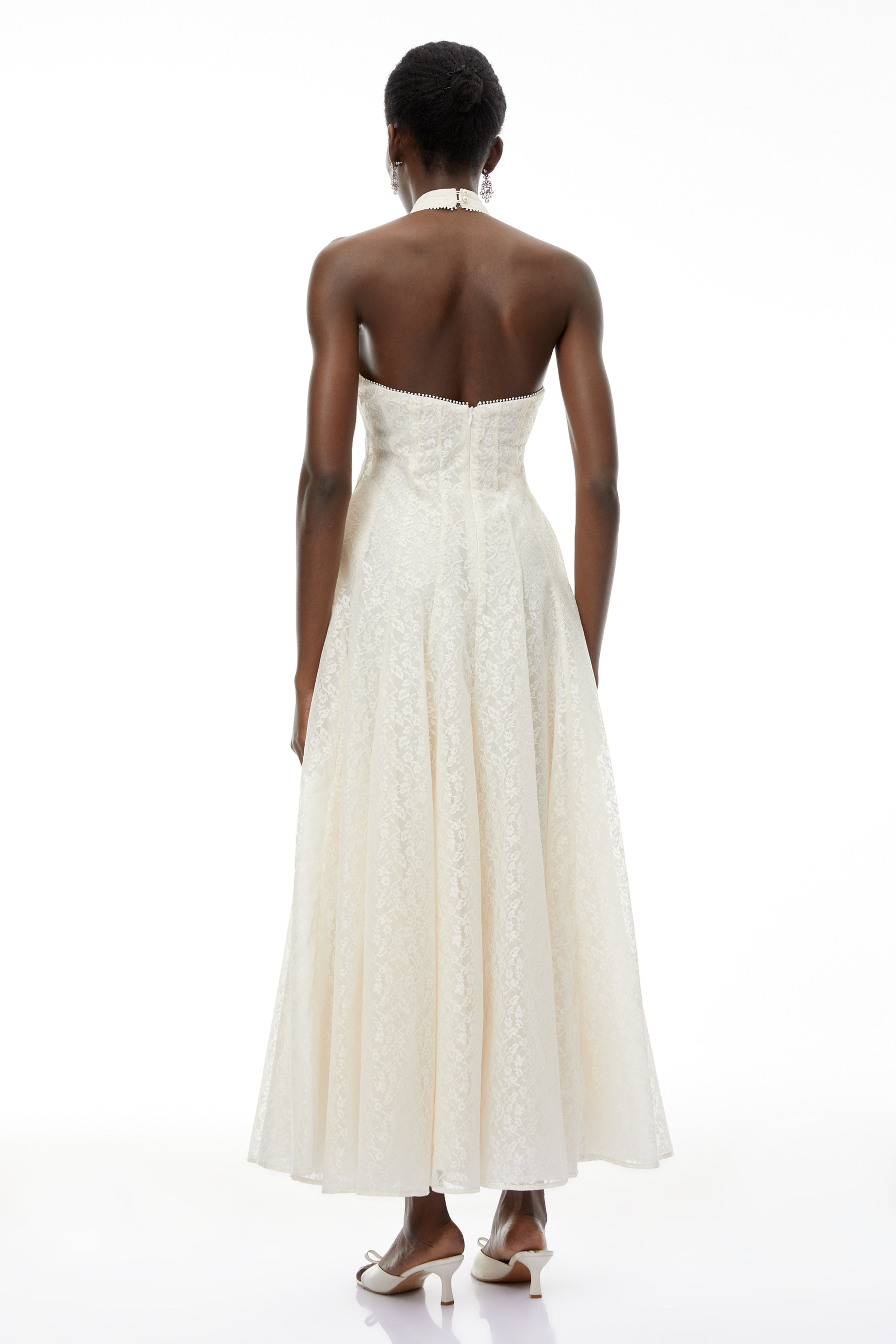 Juliet Cream White Halterneck Floral Lace Maxi Dress