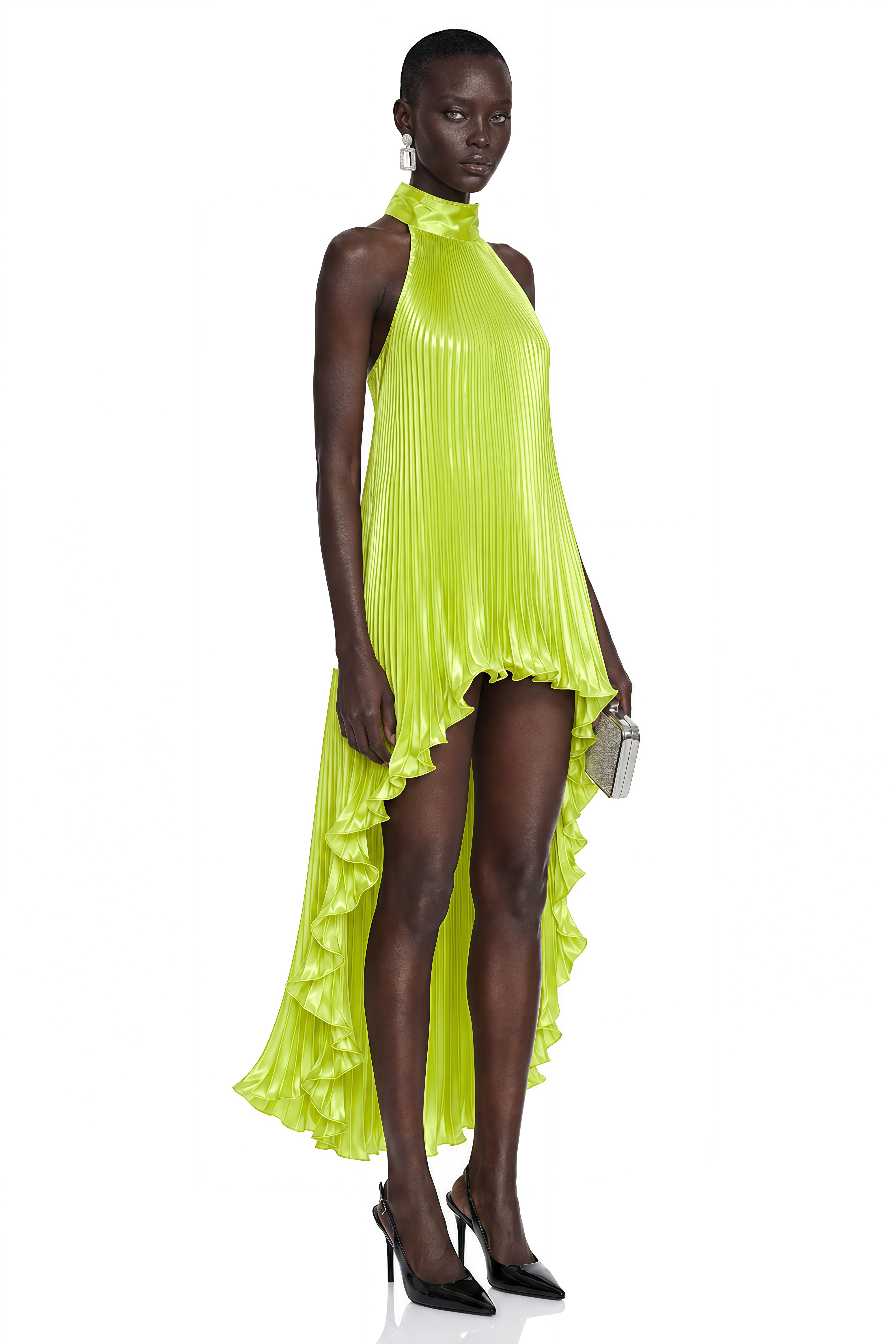 Juliet Green Halterneck Asymmetrical Ruched Midi Dress