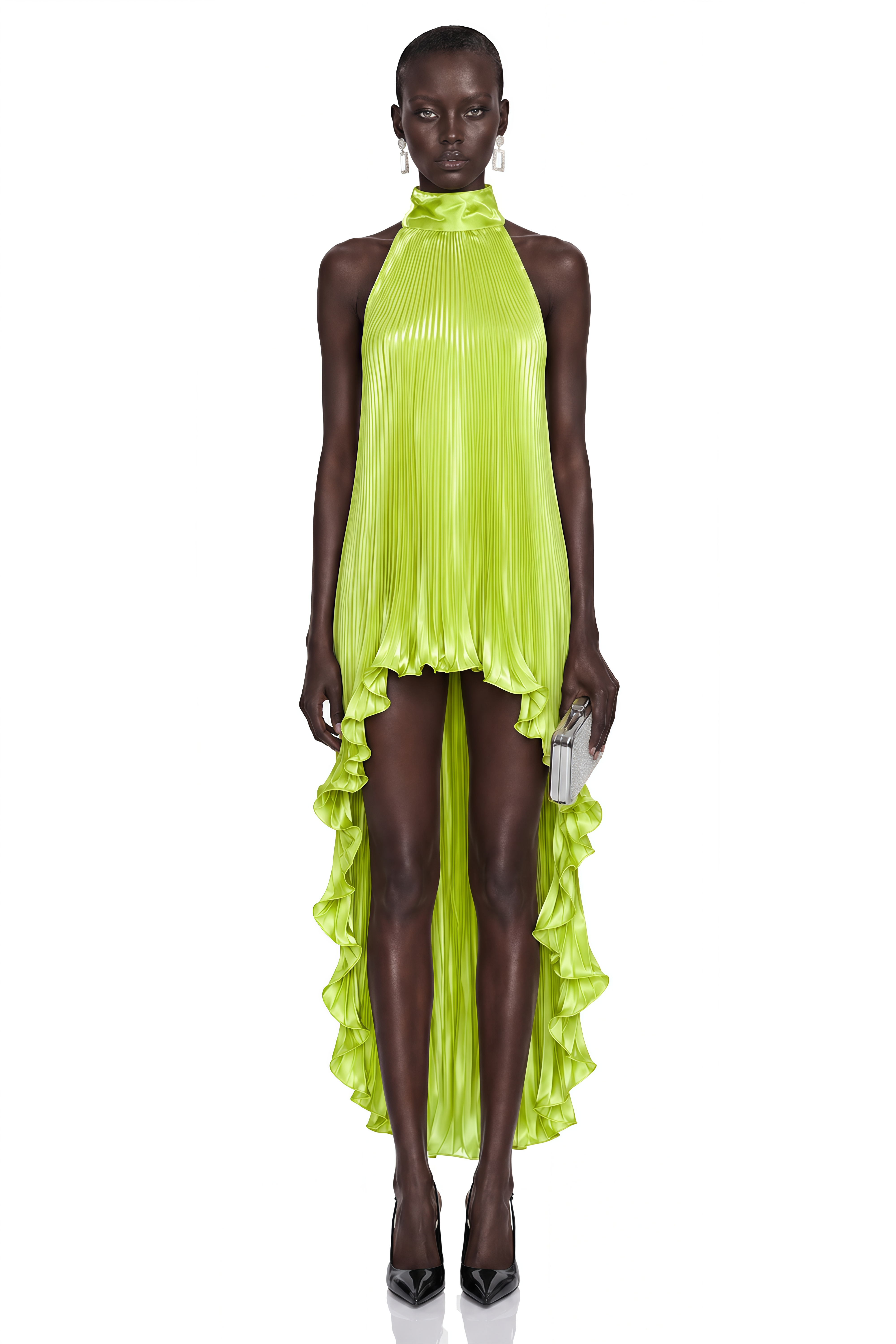 Juliet Green Halterneck Asymmetrical Ruched Midi Dress