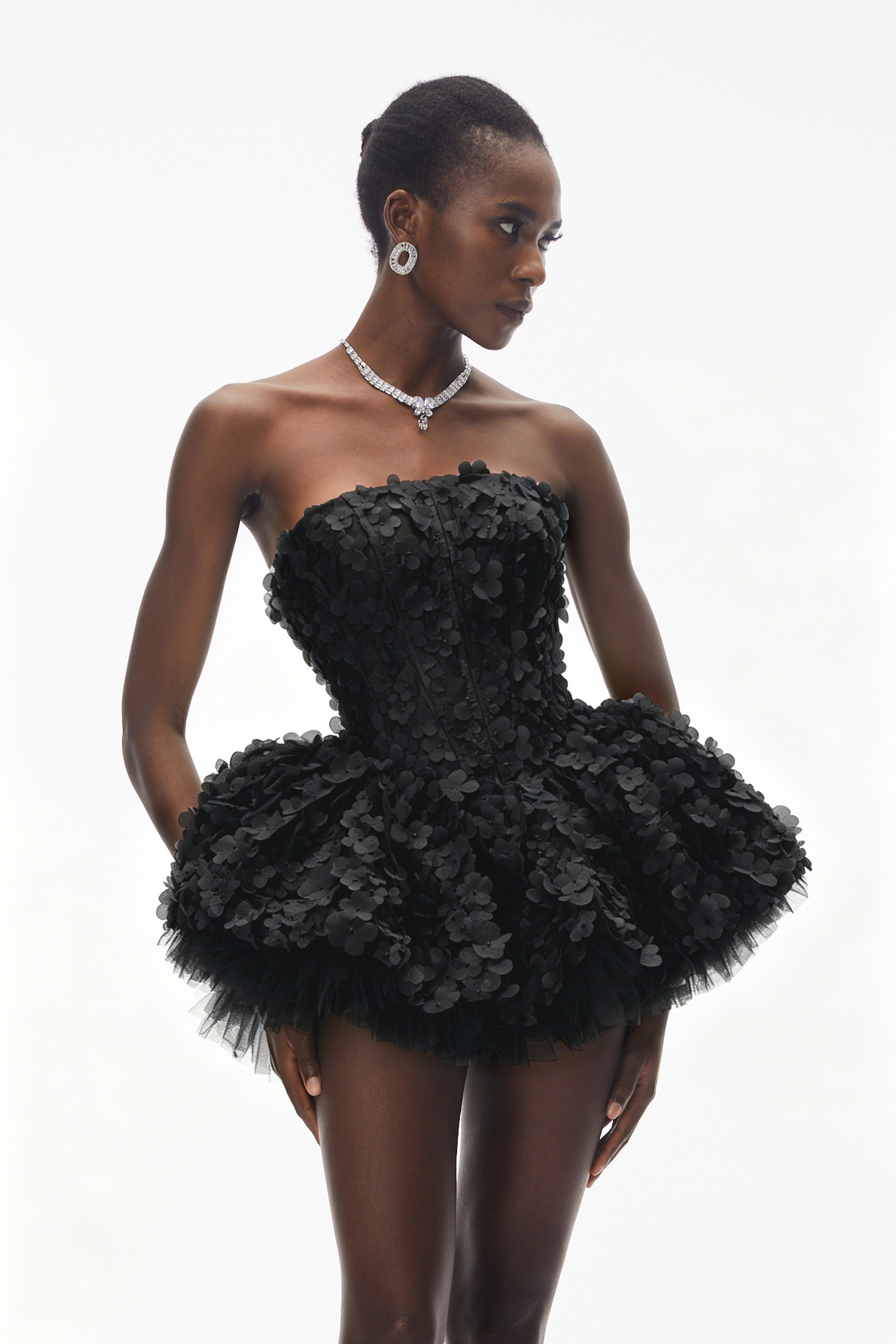June Black 3D Petal Puff Mini Dress