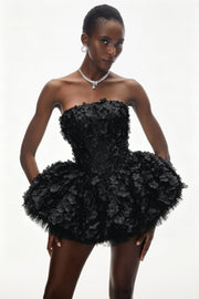 June Black 3D Petal Puff Mini Dress