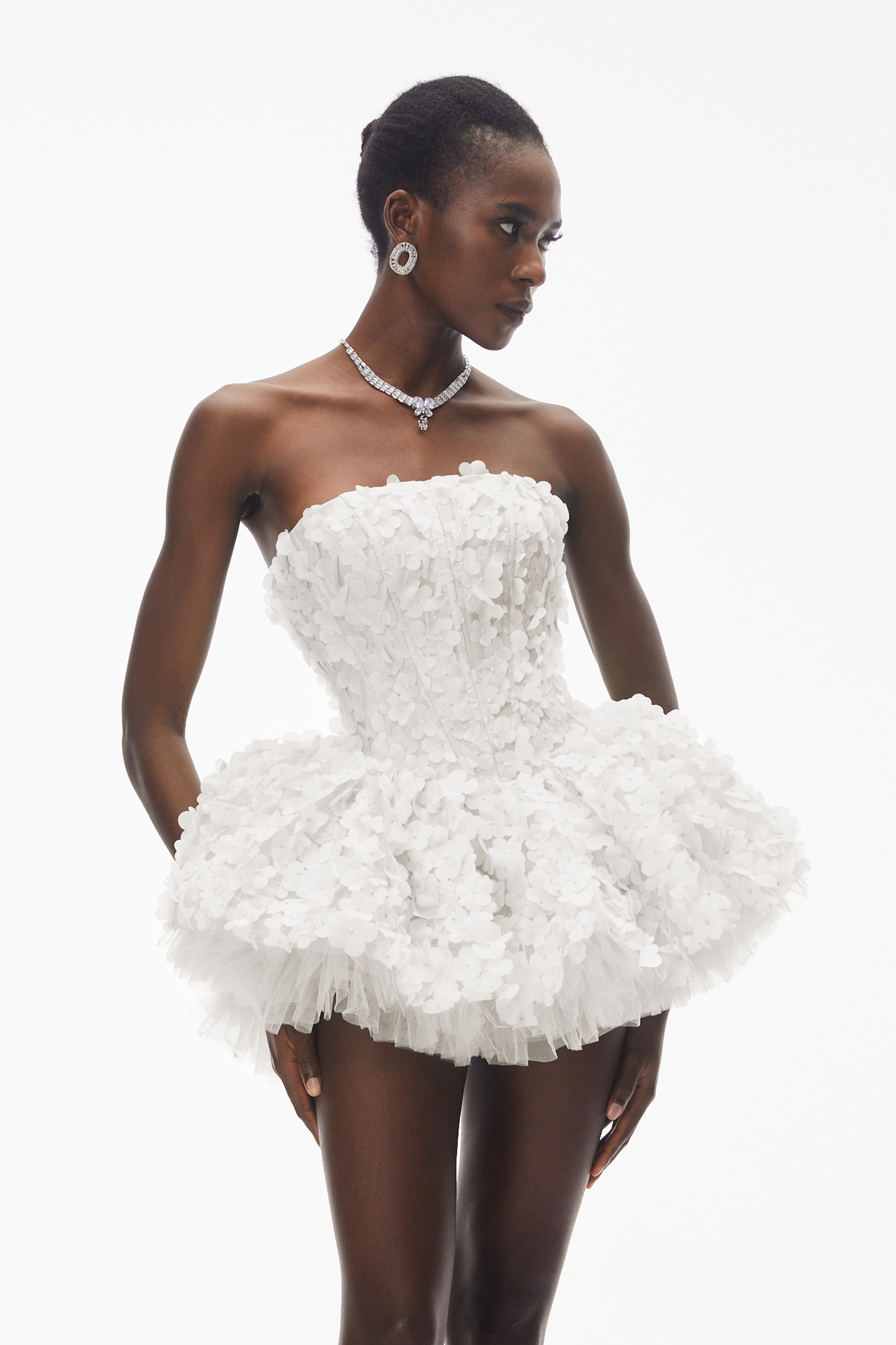 June White 3D Petal Puff Mini Dress
