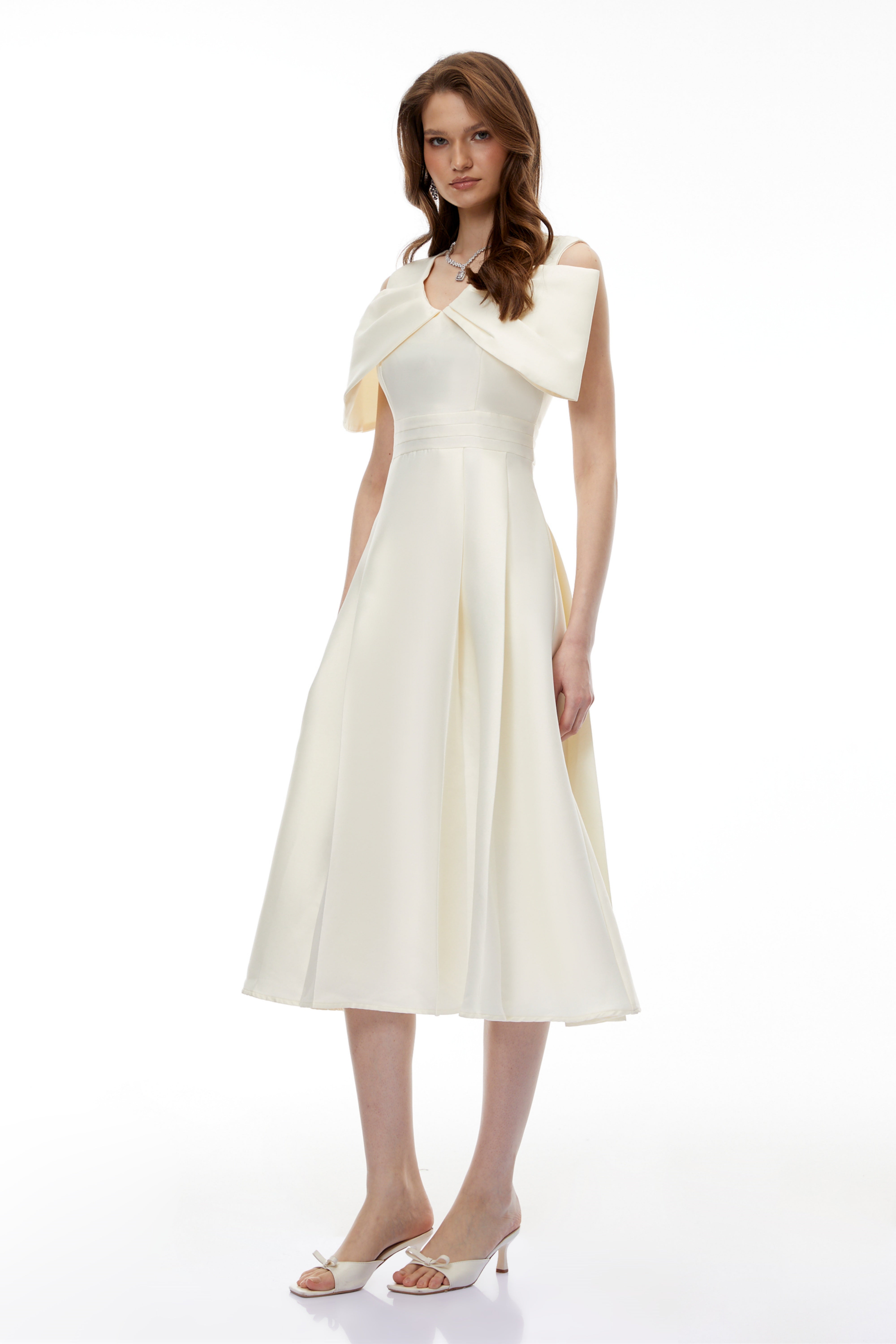 Juniper Champagne V-Neck Satin Midi Dress with Bow Detail