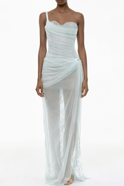 Juno Blue Pleated Mesh Midi Dress