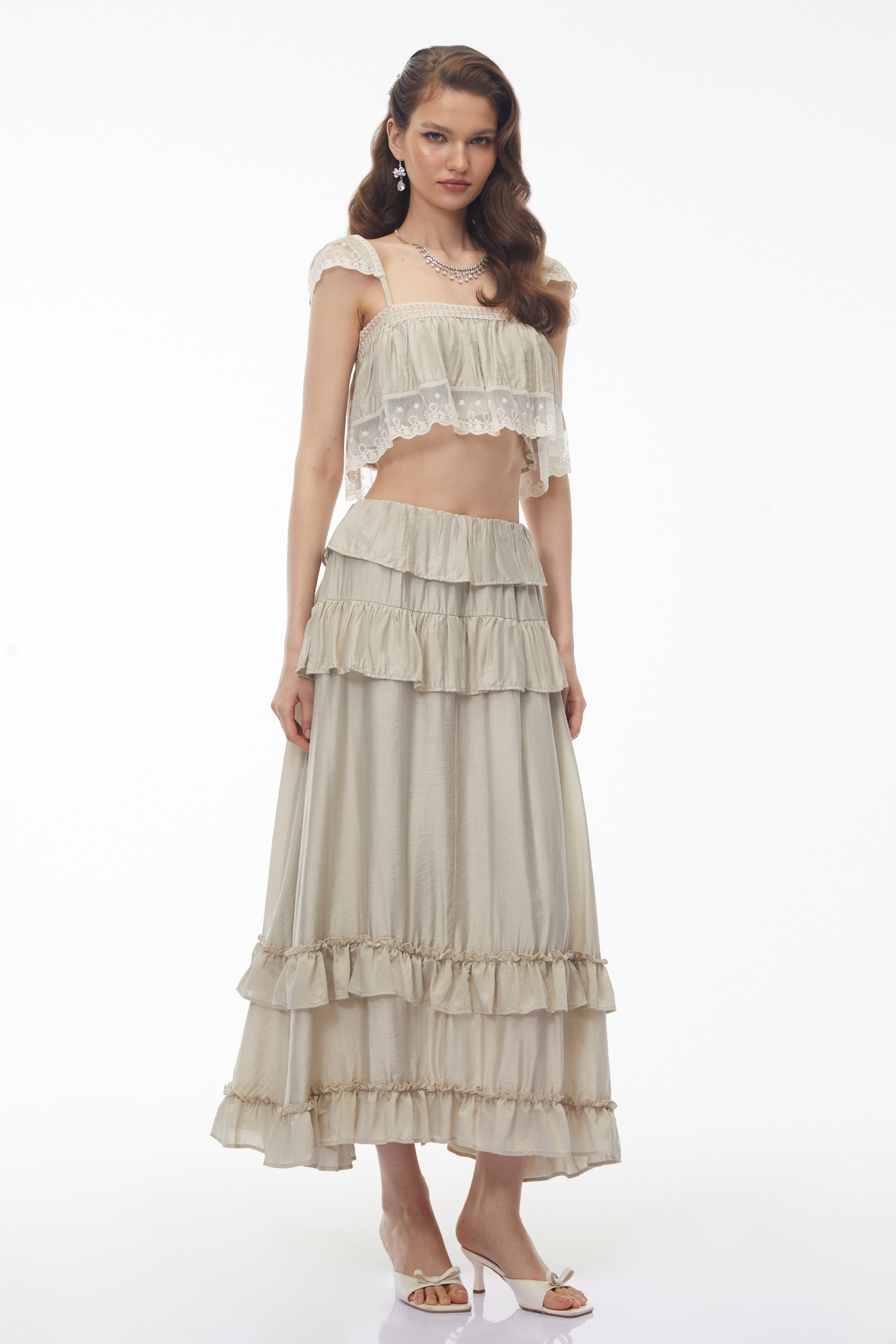 Juturna Apricot-Grey Crop Top & Ruffled Skirt Set
