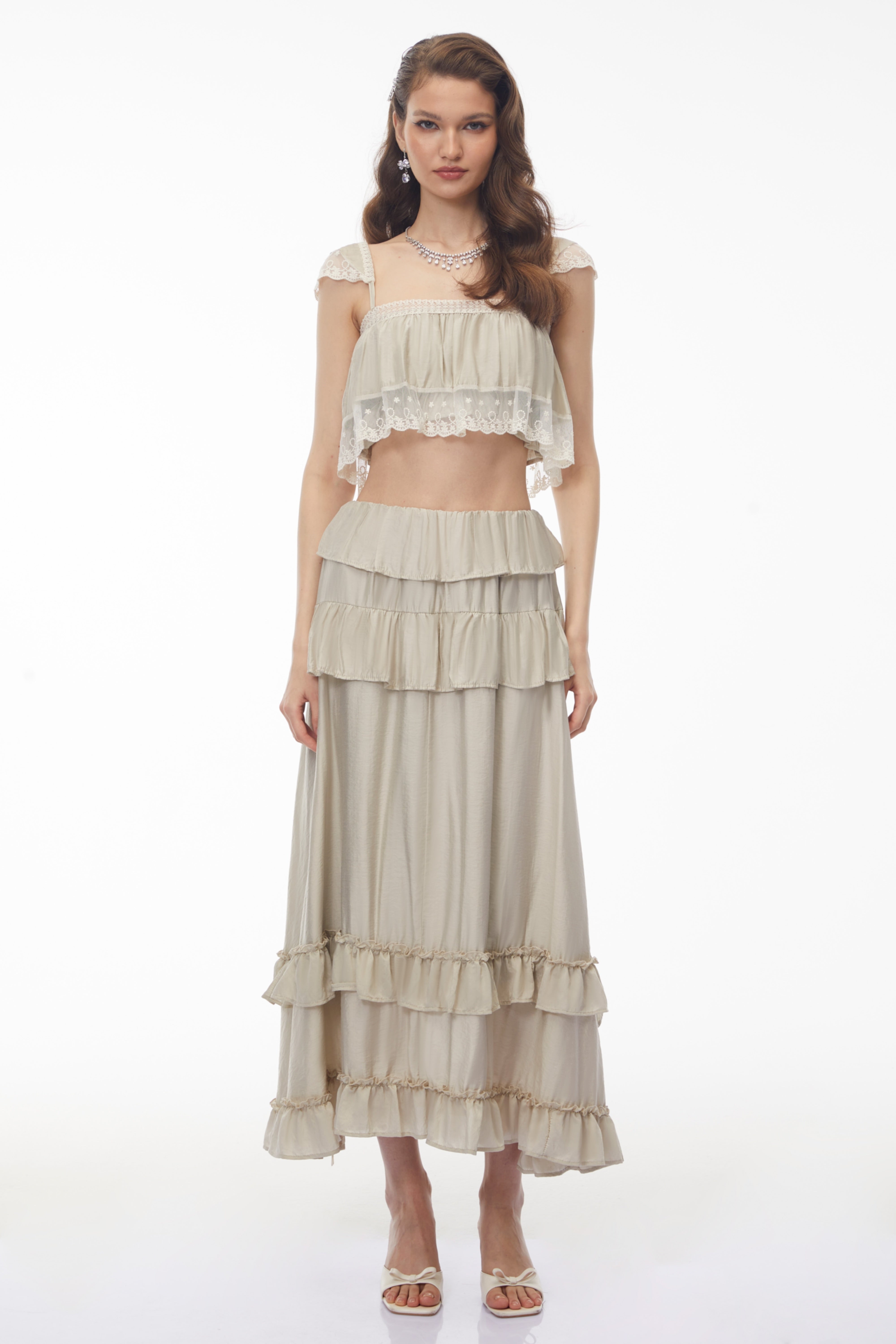 Juturna Apricot-Grey Crop Top & Ruffled Skirt Set