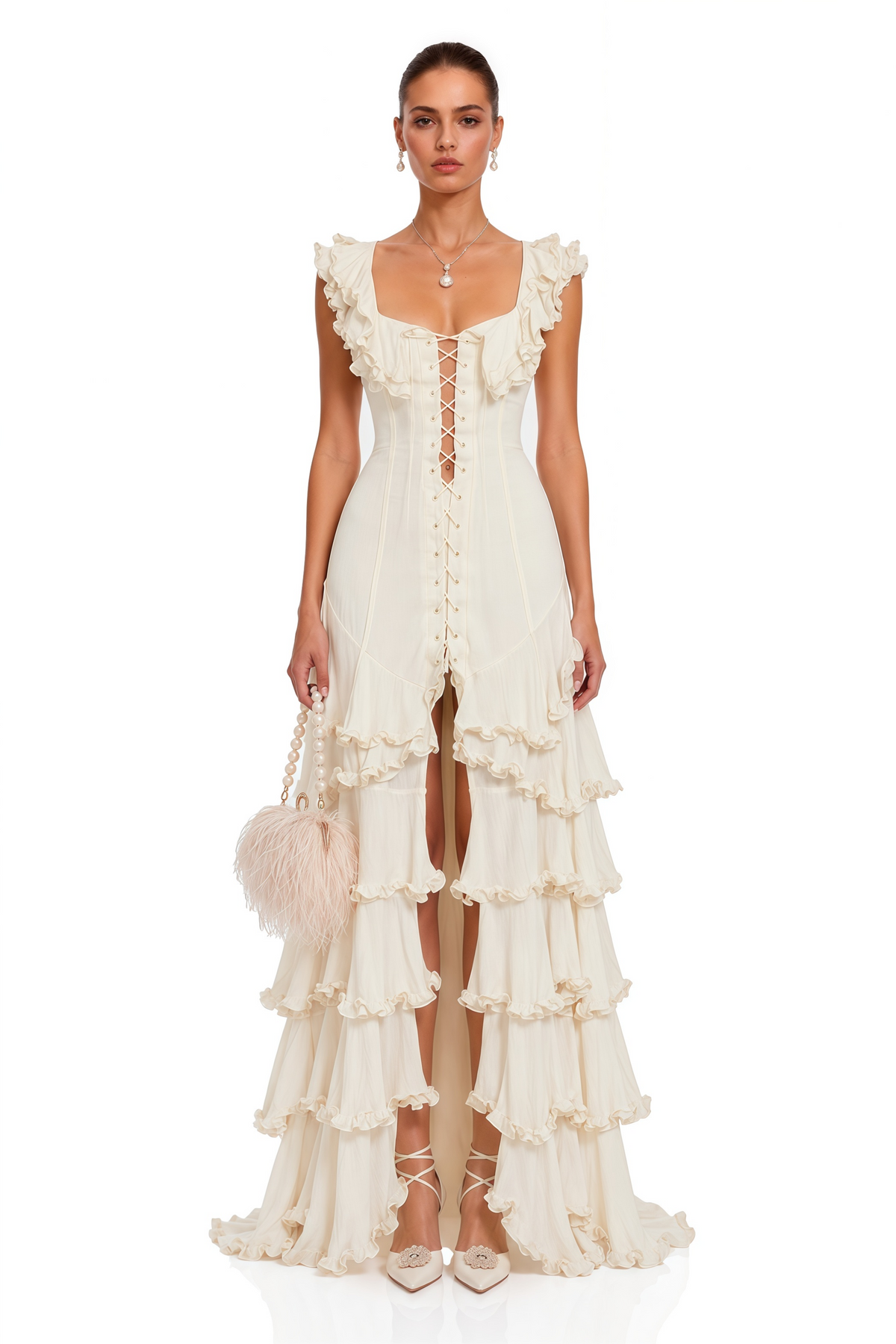 kaelin cream ruffle lace up tiered flowy maxi dress