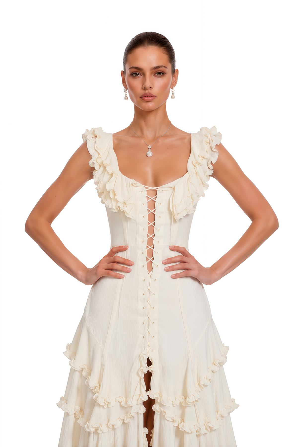kaelin cream ruffle lace up tiered flowy maxi dress