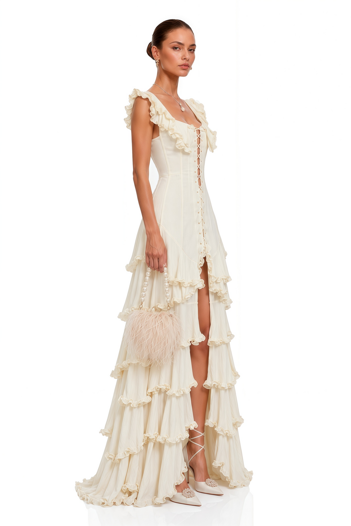 kaelin cream ruffle lace up tiered flowy maxi dress
