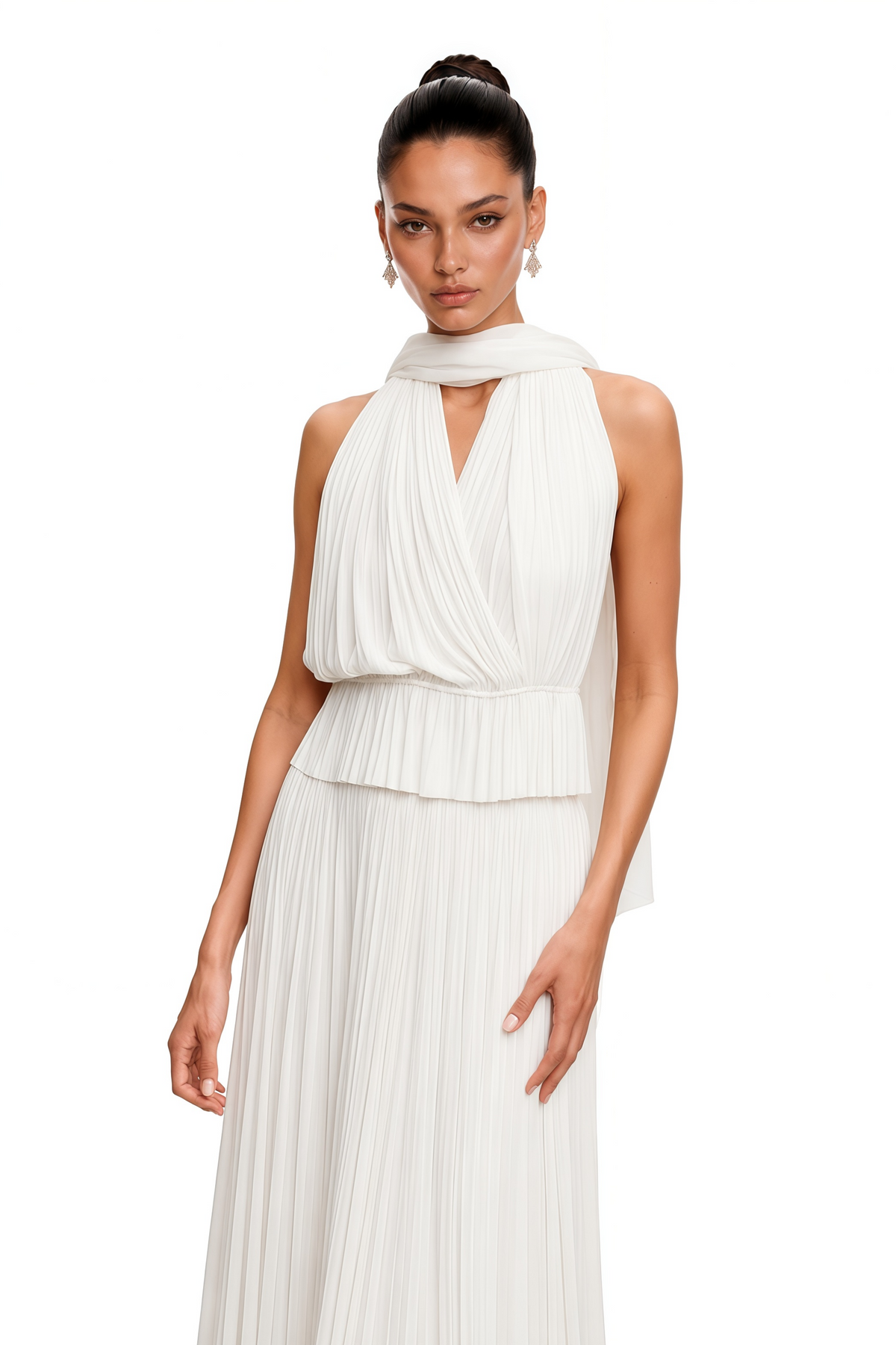 kailany white pleated halterneck top & skirt set