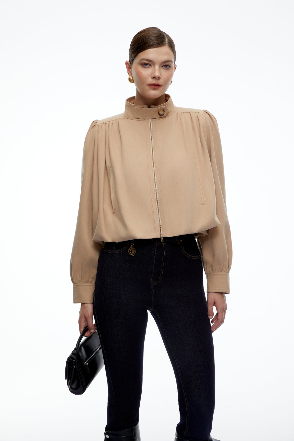 kamila beige high neck long sleeve jacket