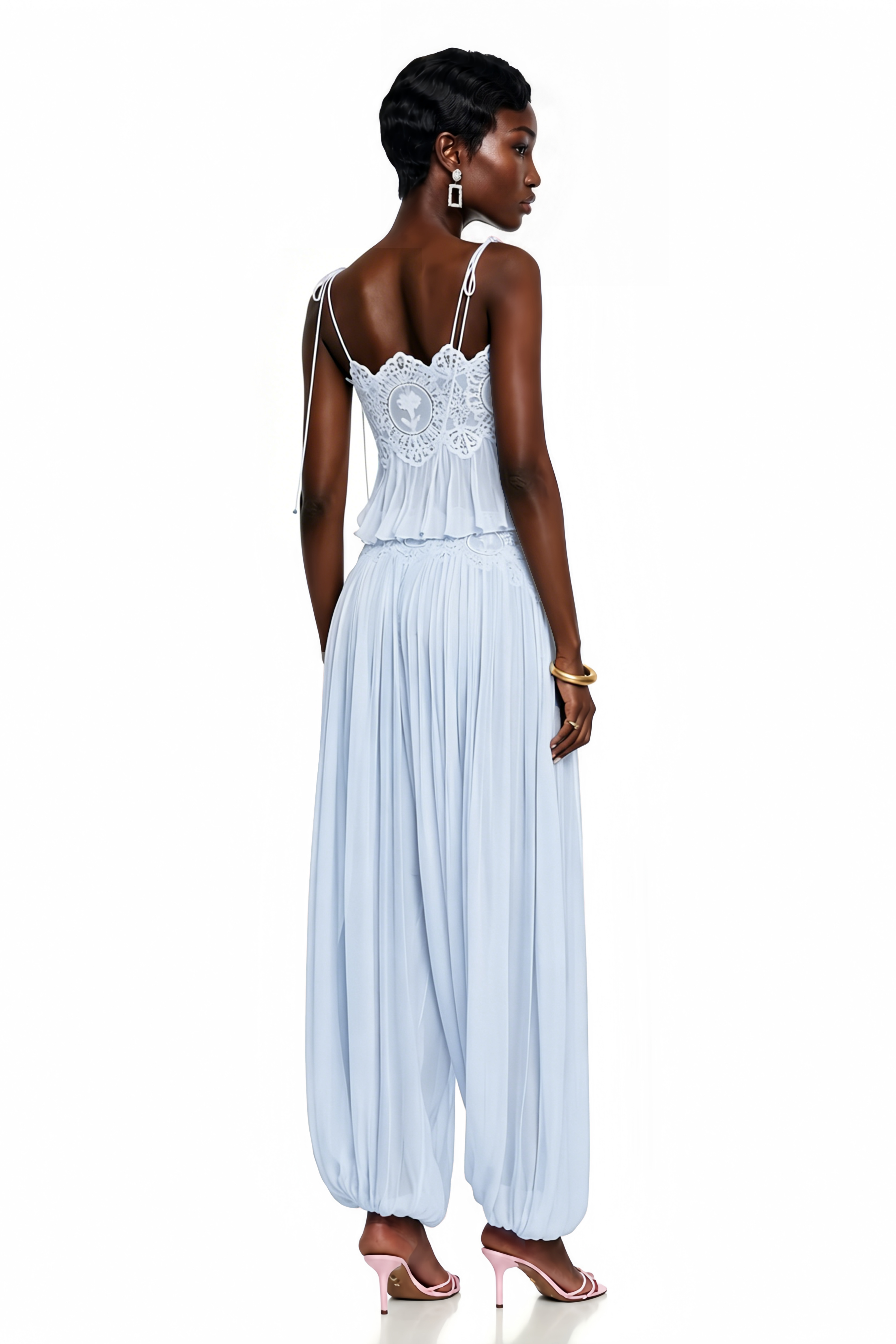 Kamila Blue Lace Trim Ruched Top & Trouser Set