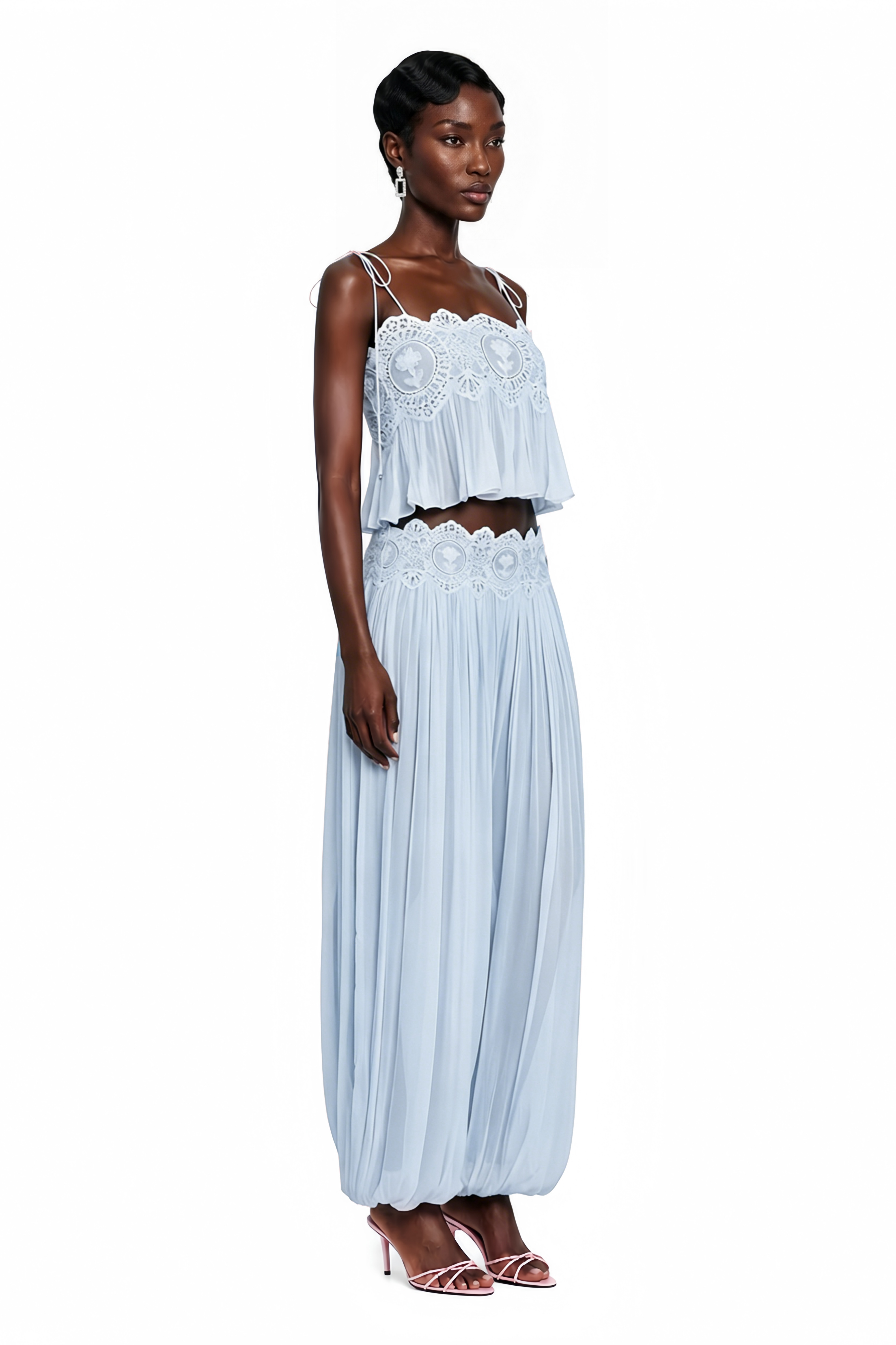 Kamila Blue Lace Trim Ruched Top & Trouser Set